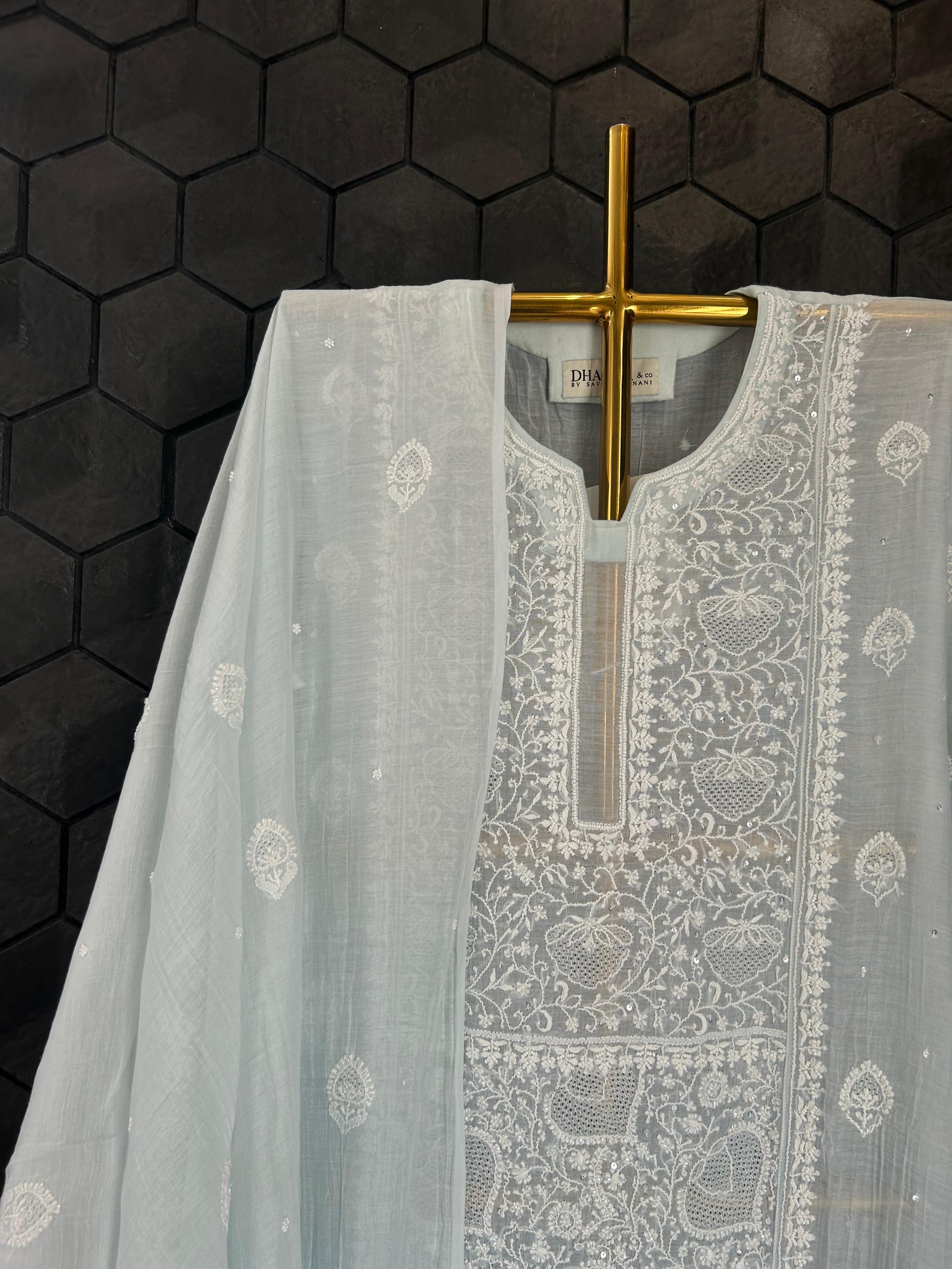 Sky Blue Mul Chanderi Chikankari Kurta Set