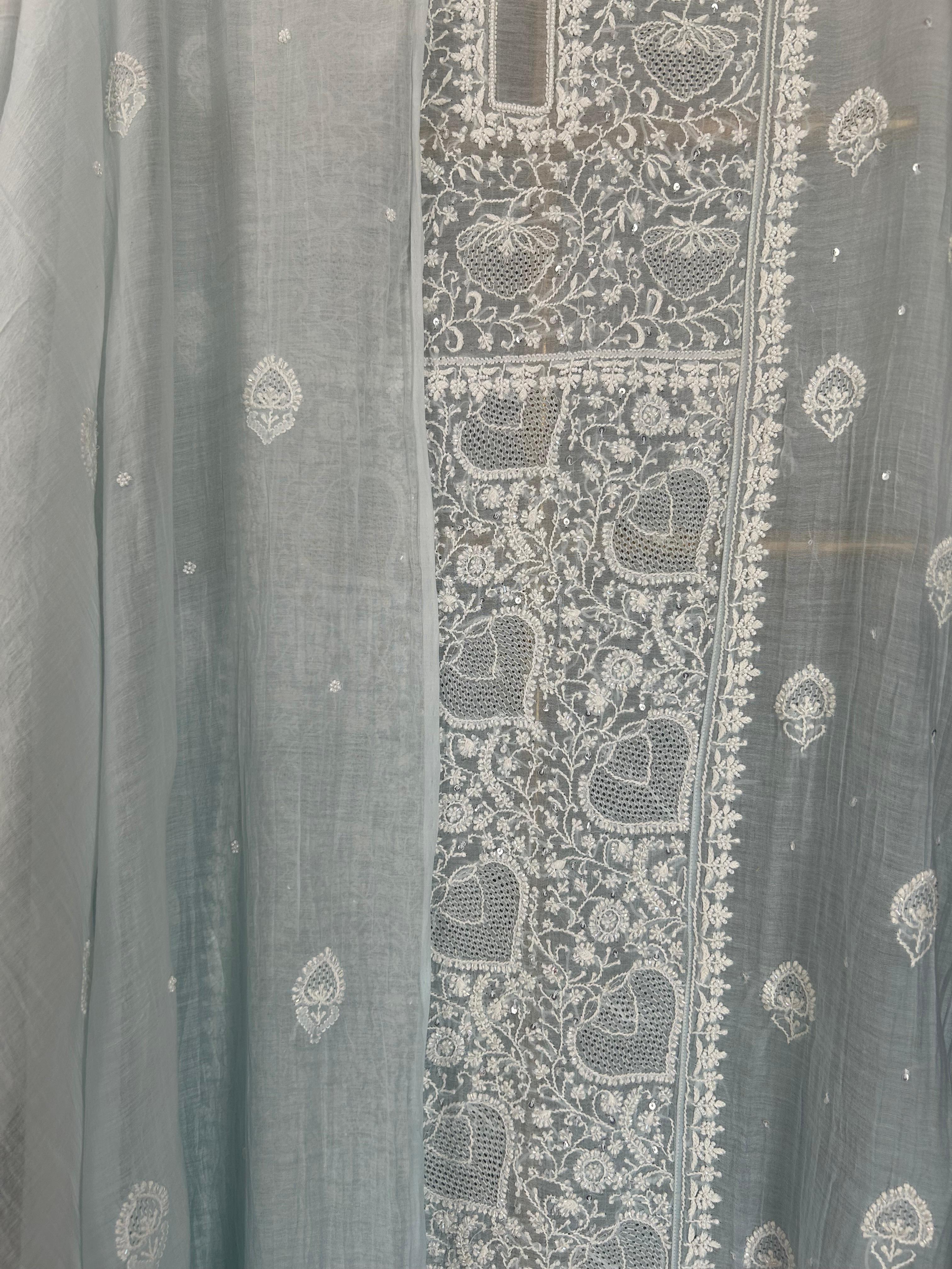 Sky Blue Mul Chanderi Chikankari Kurta Set