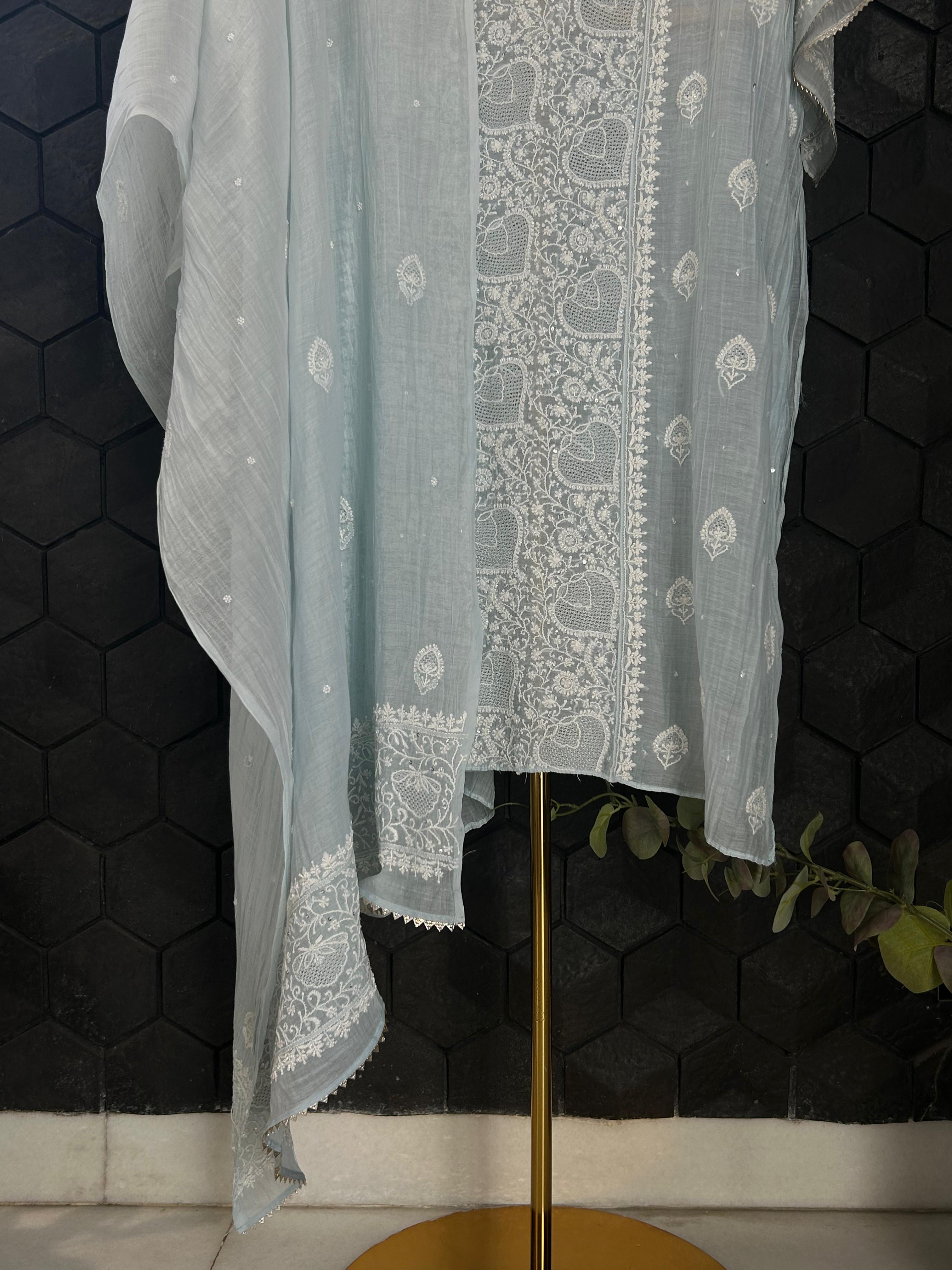 Sky Blue Mul Chanderi Chikankari Kurta Set