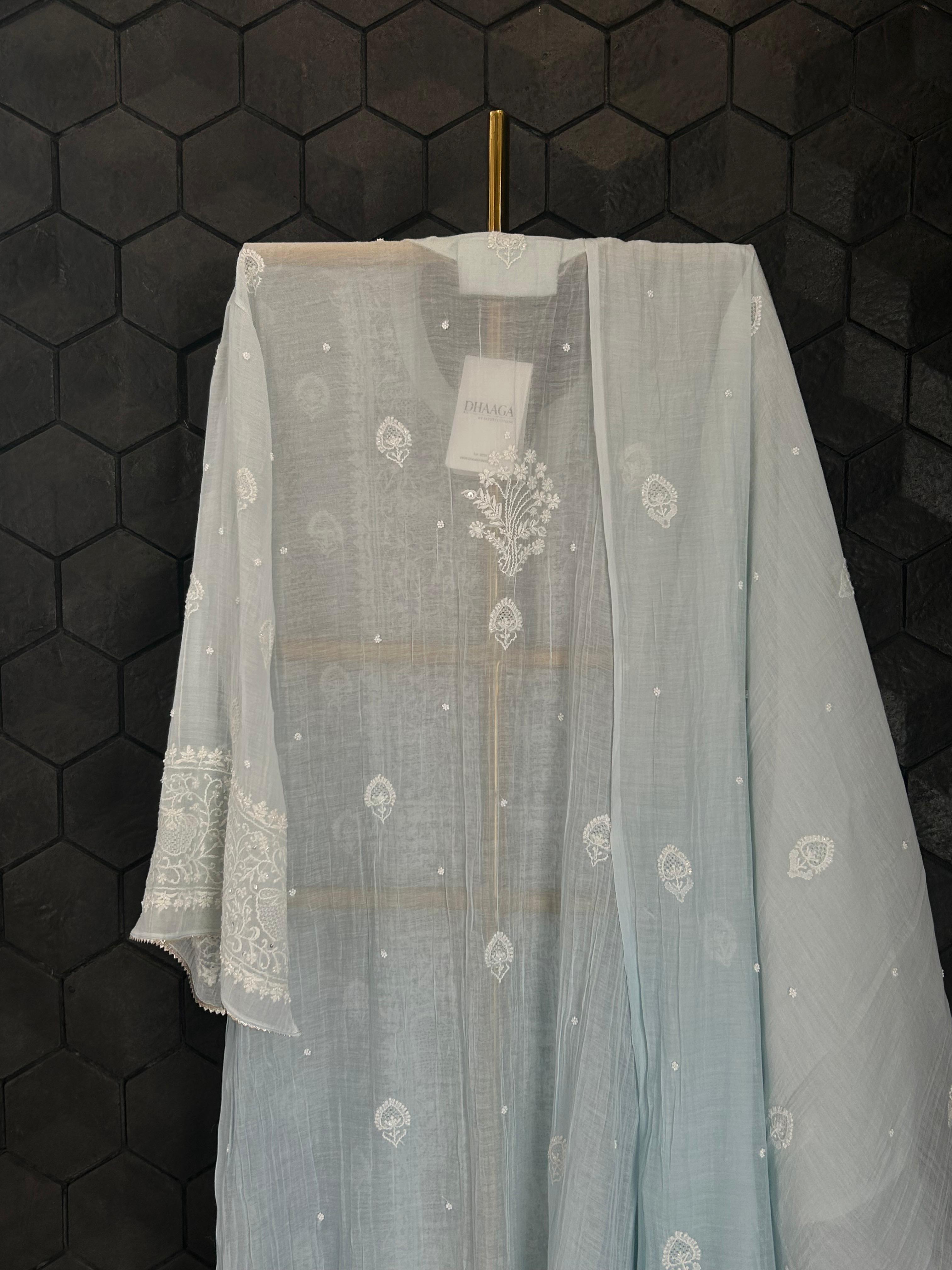Sky Blue Mul Chanderi Chikankari Kurta Set
