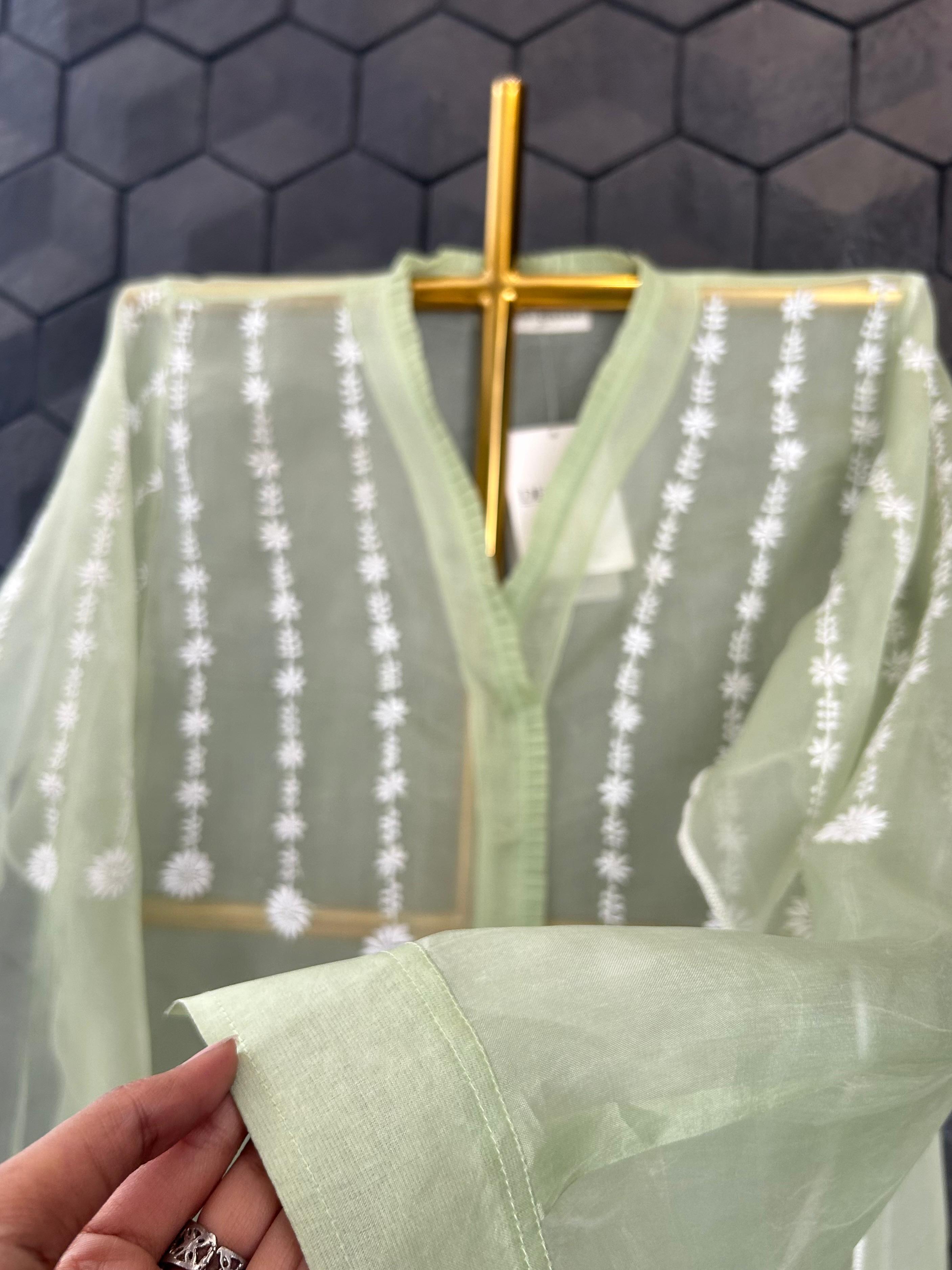 Green Organza Chikankari Shirts