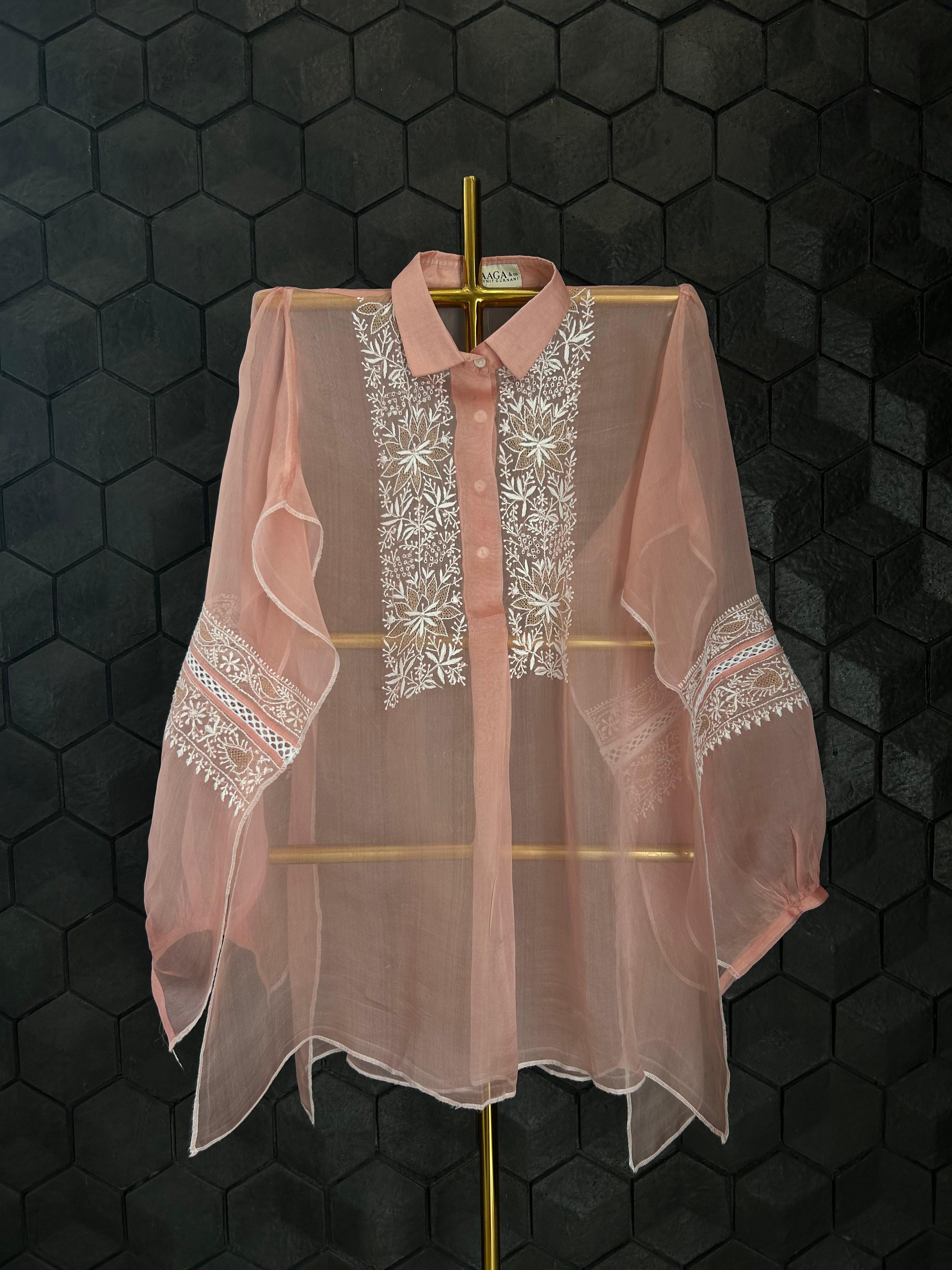 Peach Organza Chikankari Shirt