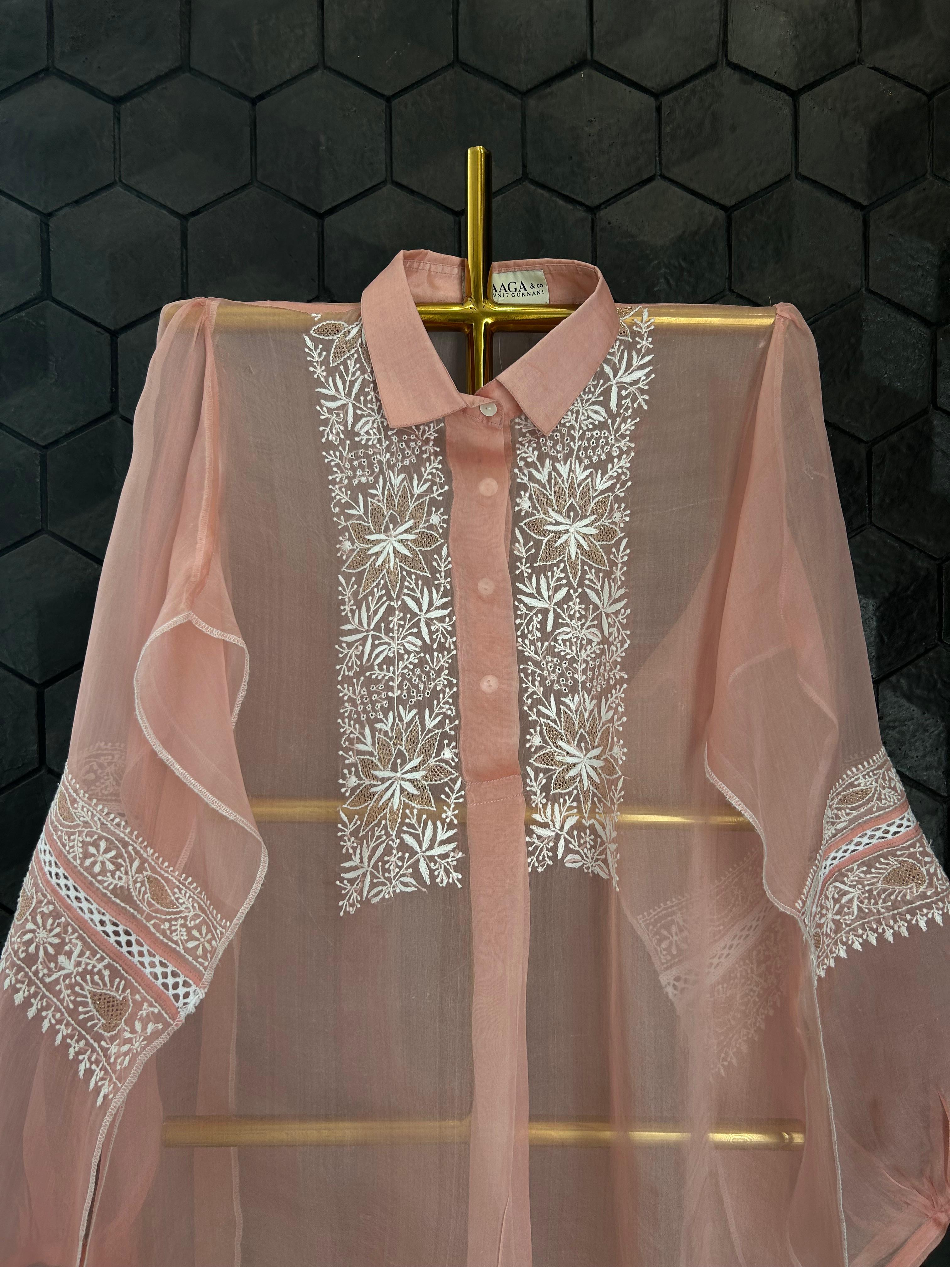Peach Organza Chikankari Shirt