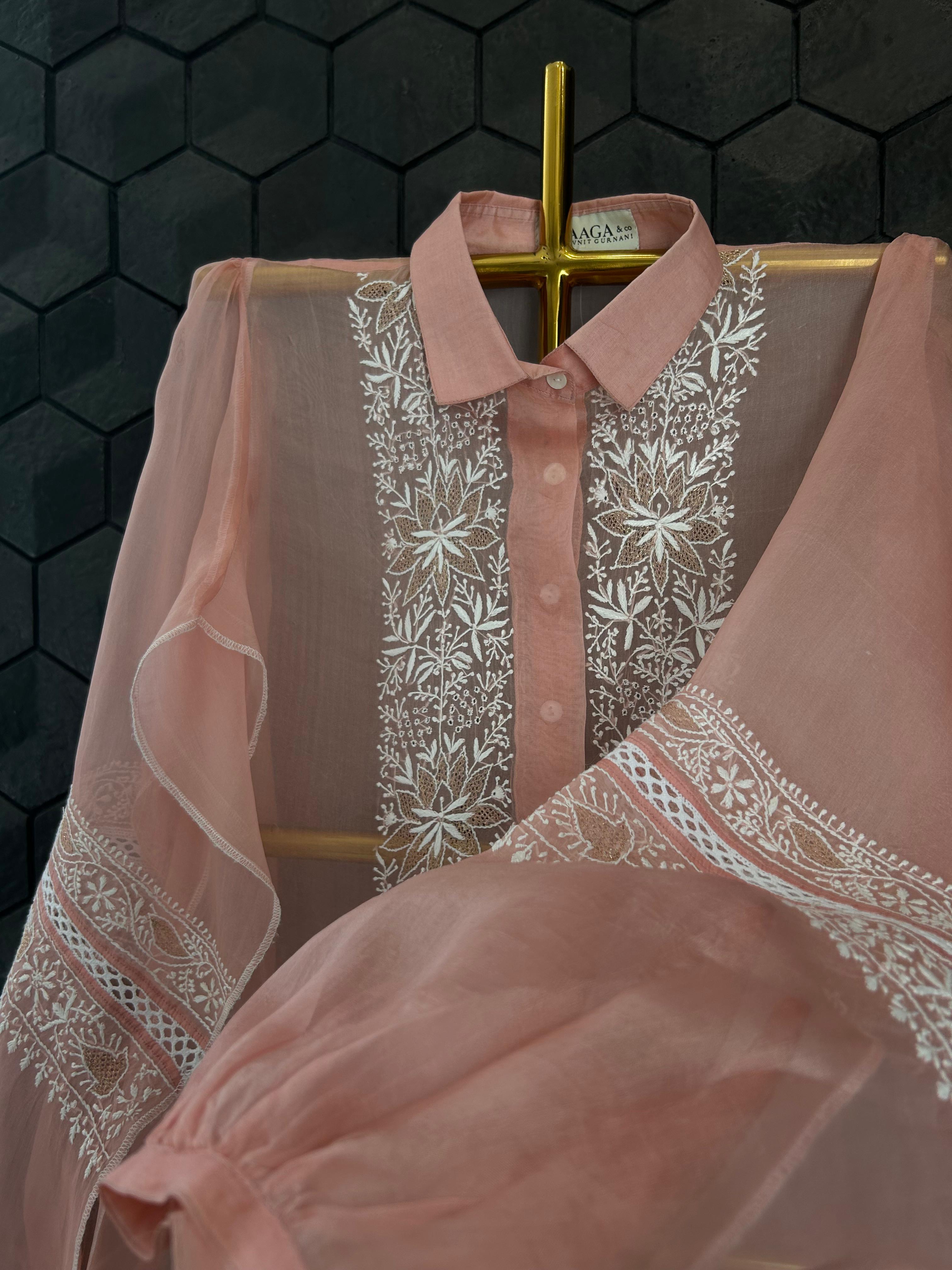 Peach Organza Chikankari Shirt