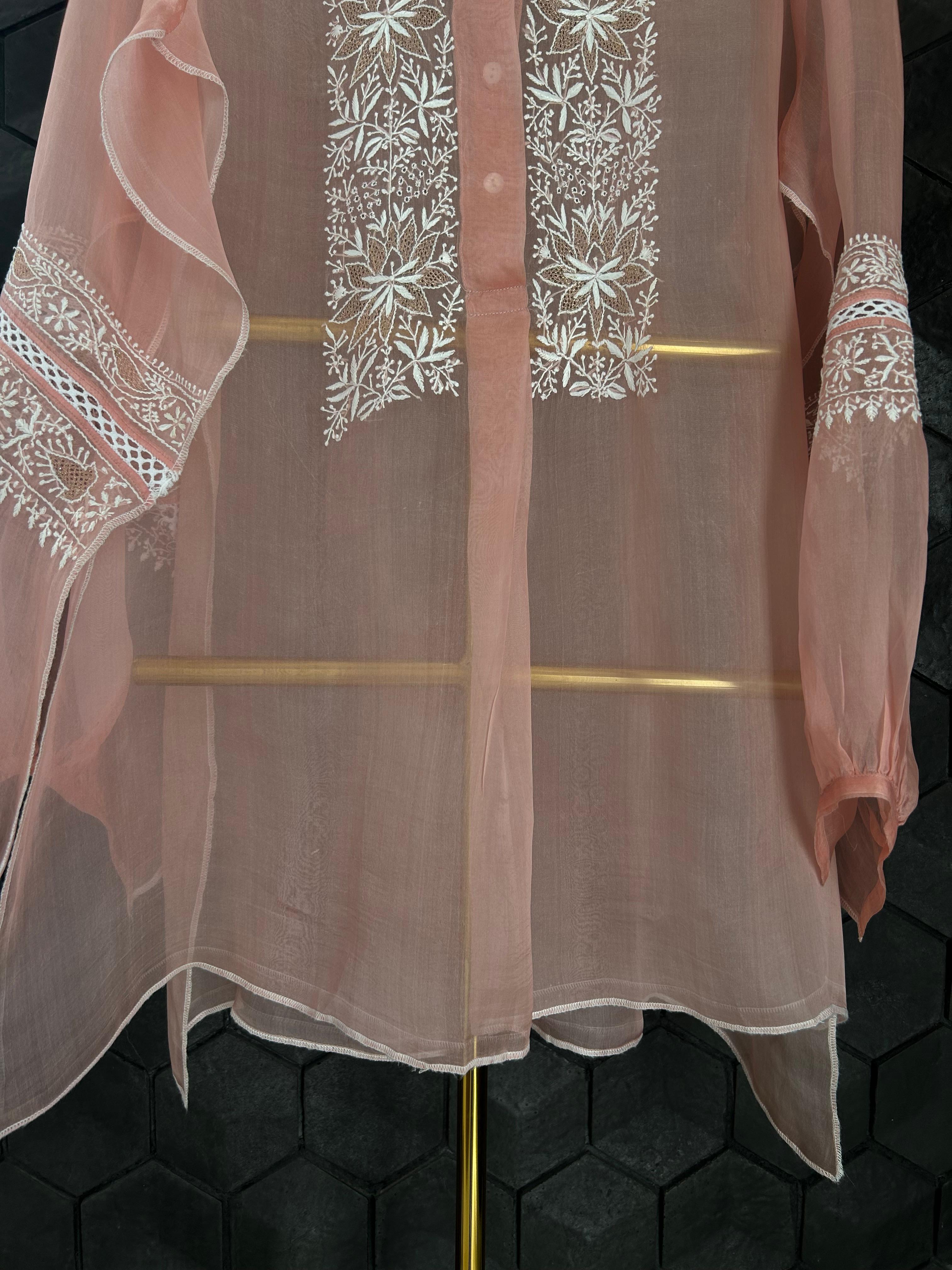 Peach Organza Chikankari Shirt