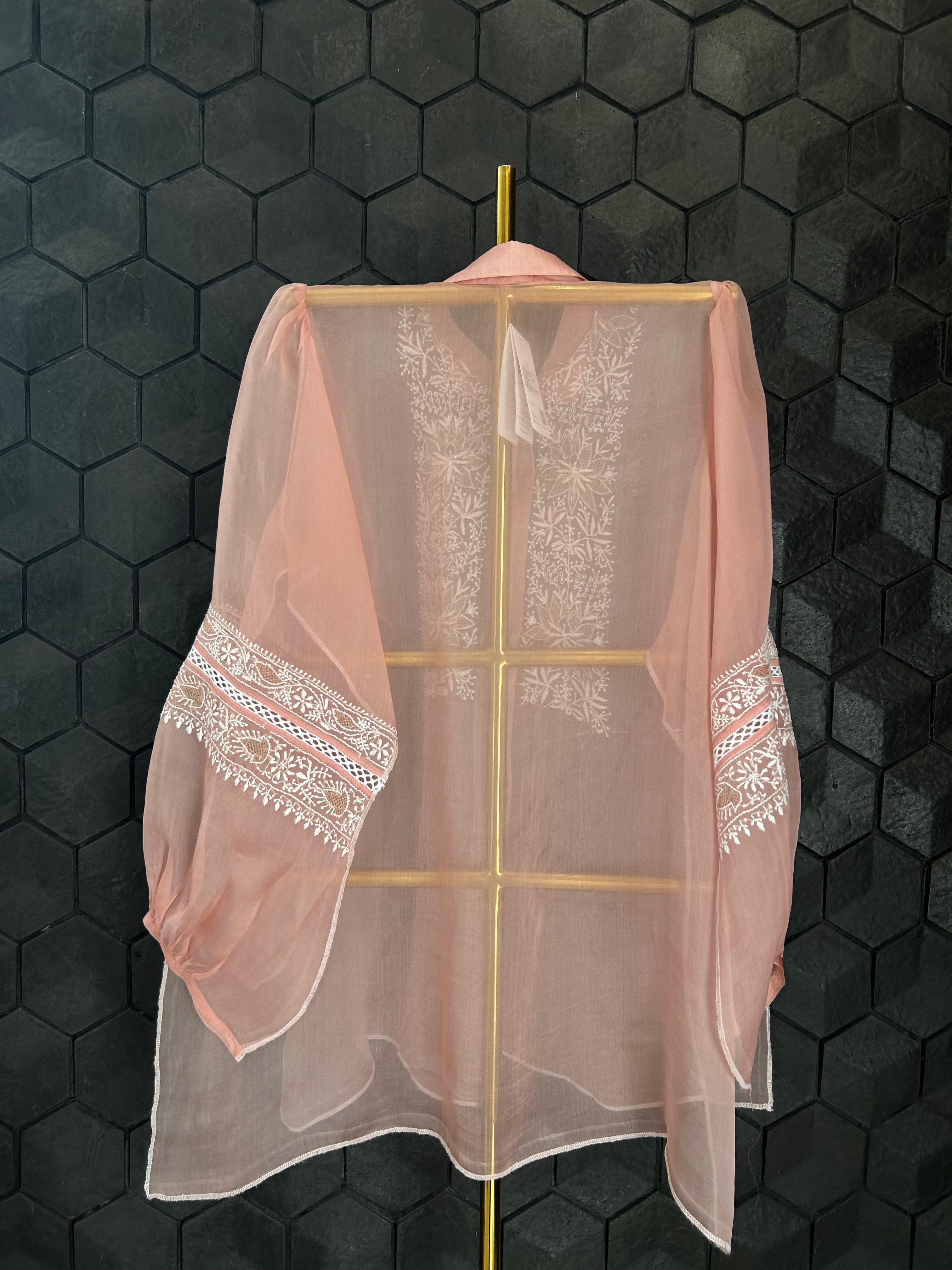 Peach Organza Chikankari Shirt