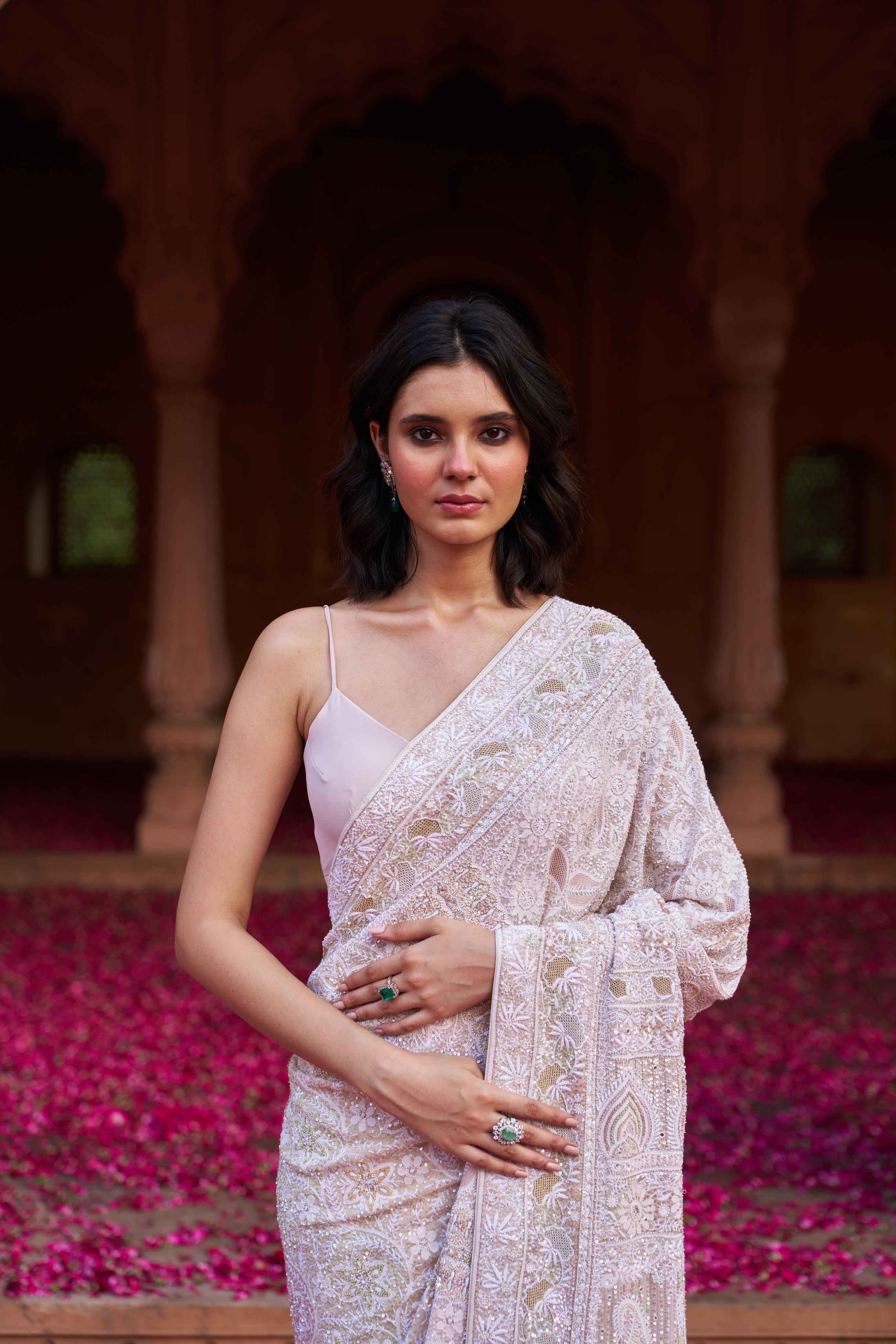Premium Ivory Georgette Chikankari Saree