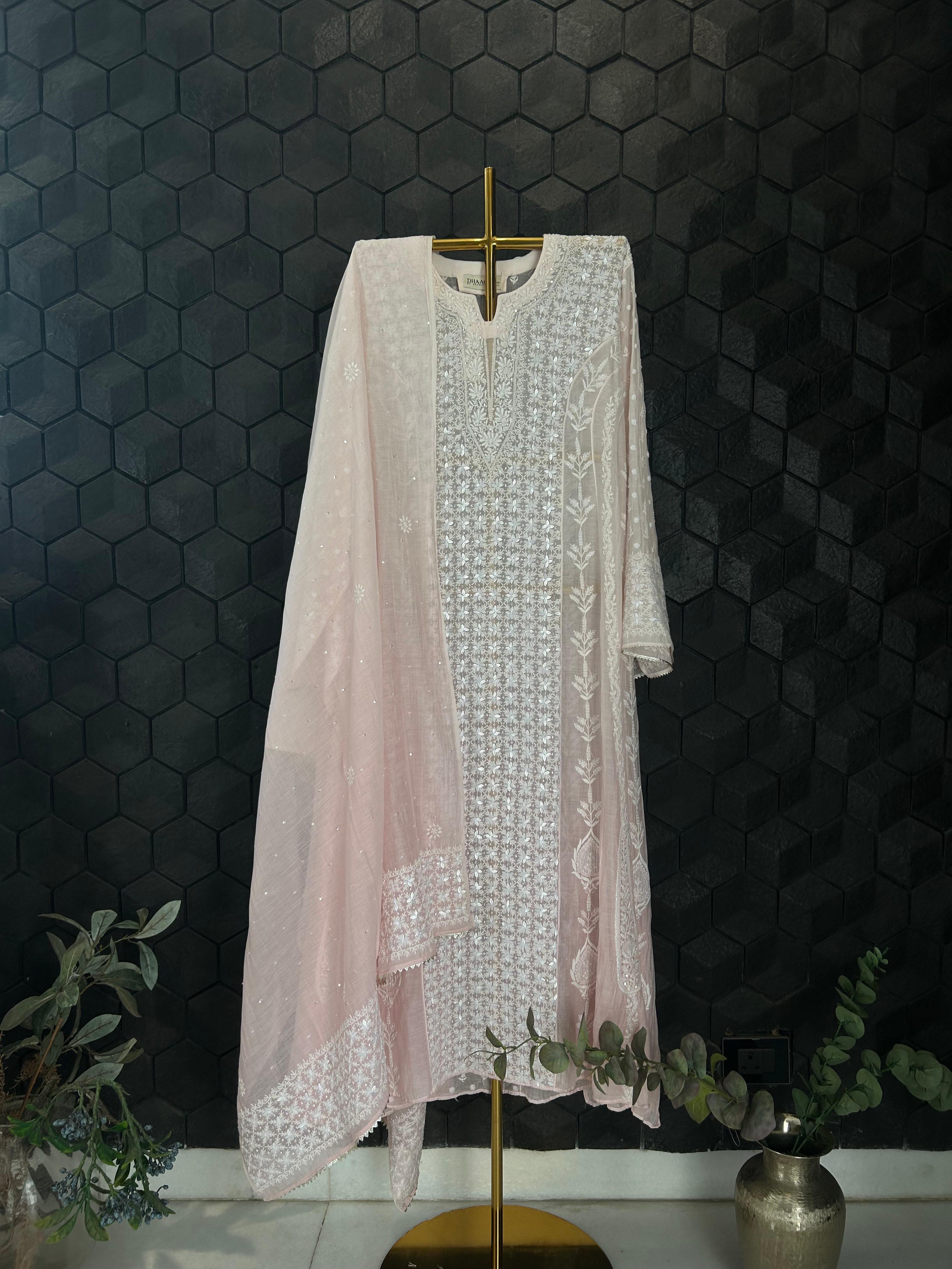 Pink Mul Chanderi Chikankari Anarkali Set