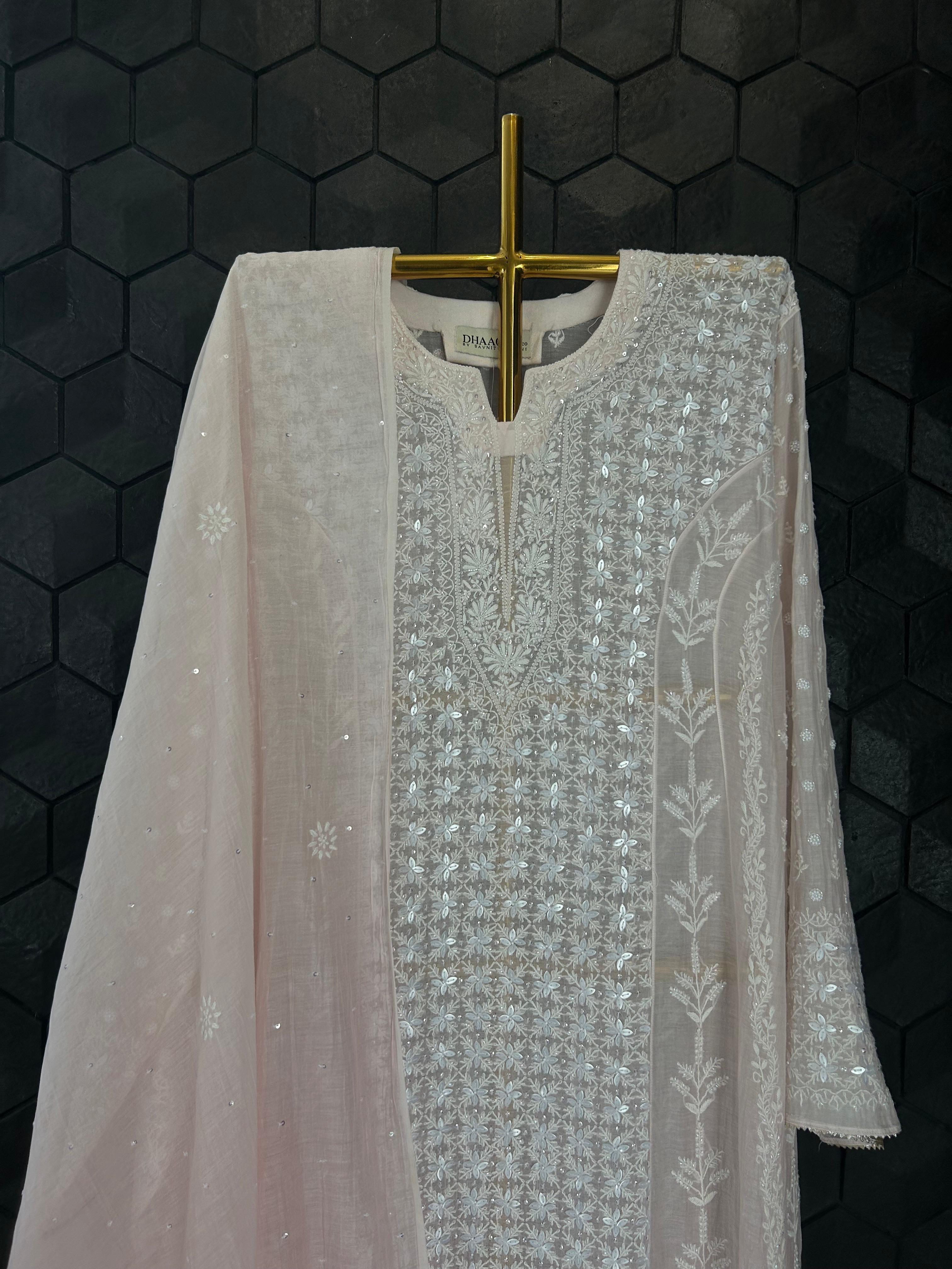 Pink Mul Chanderi Chikankari Anarkali Set