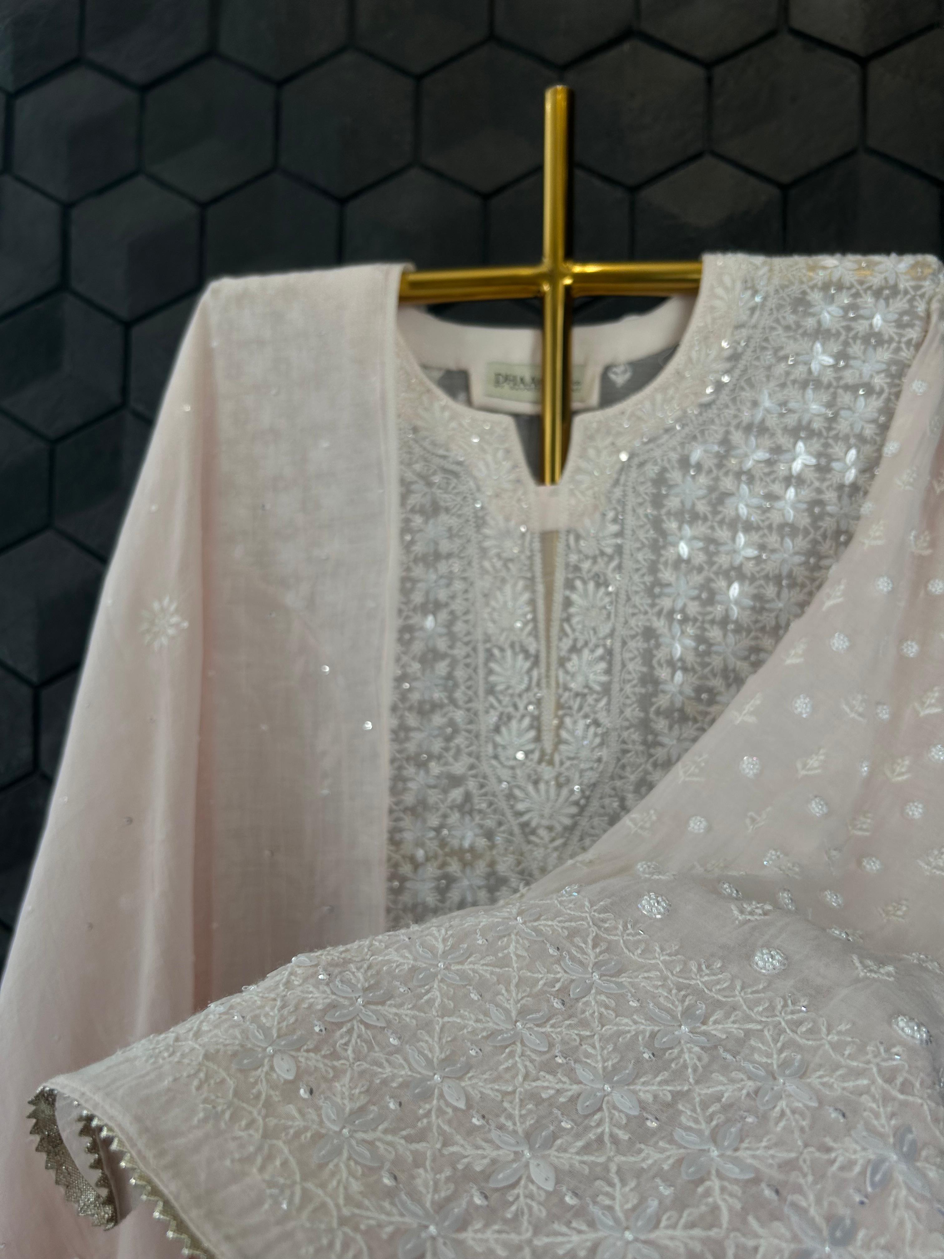 Pink Mul Chanderi Chikankari Anarkali Set