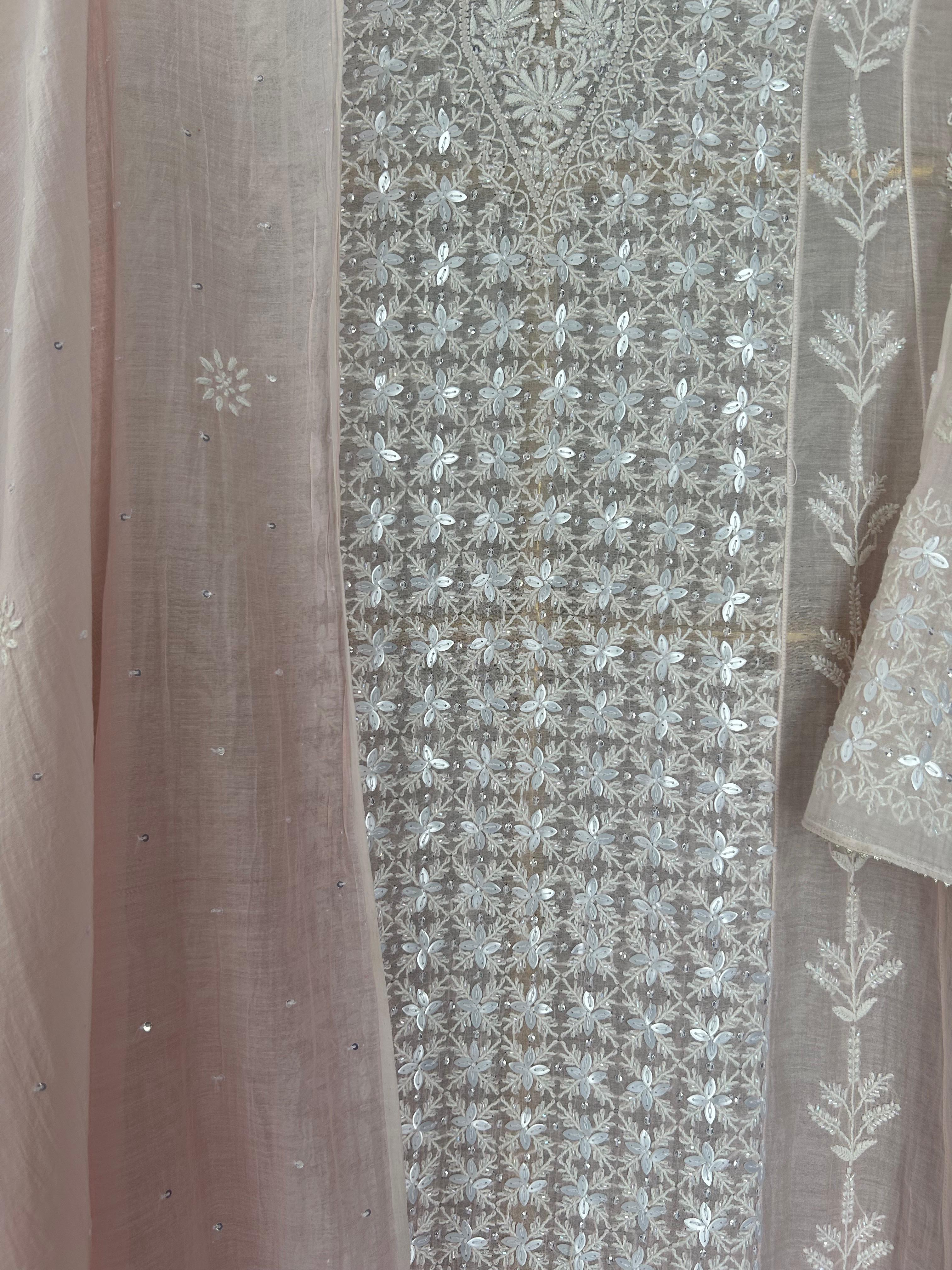 Pink Mul Chanderi Chikankari Anarkali Set