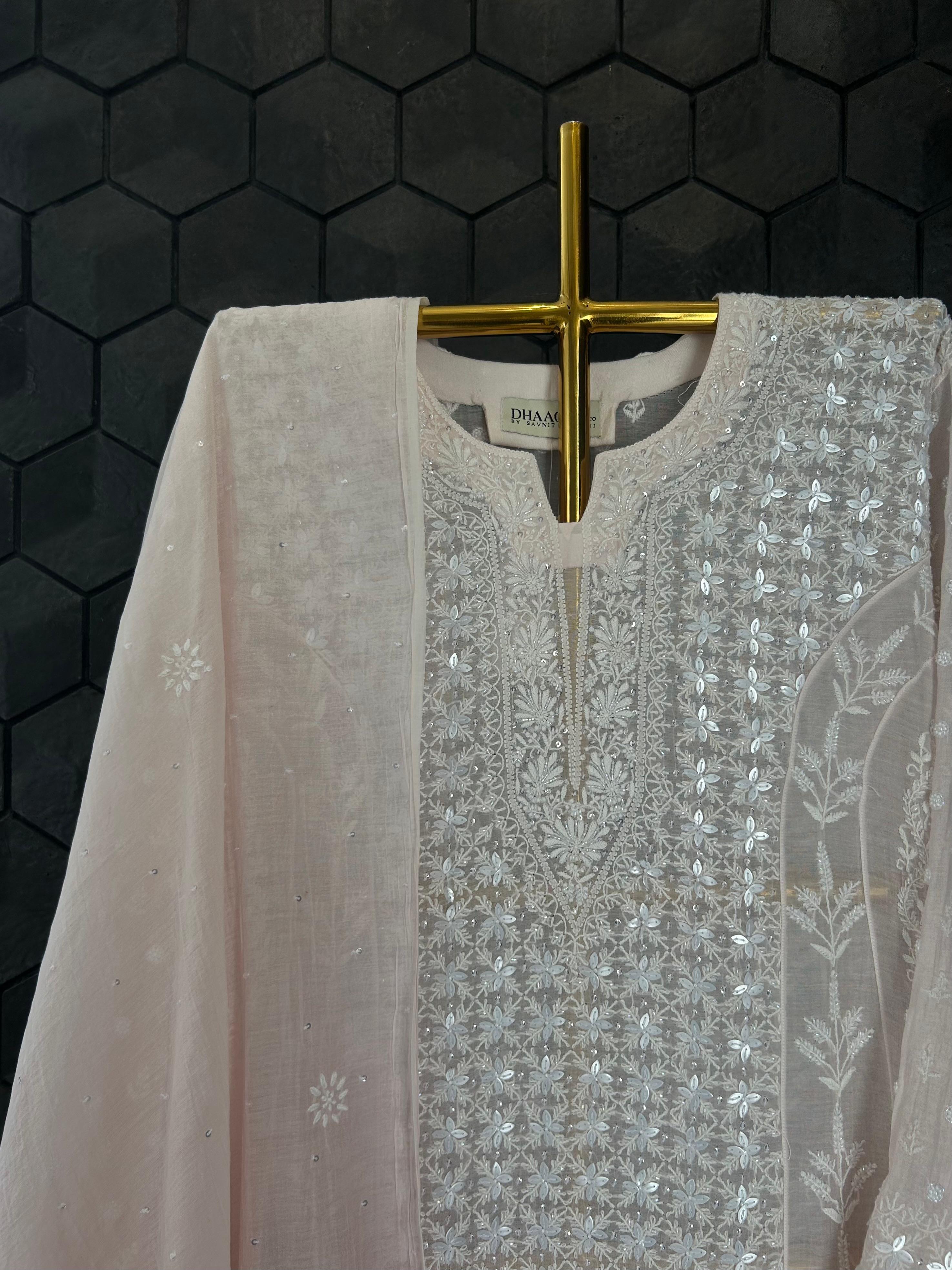 Pink Mul Chanderi Chikankari Anarkali Set
