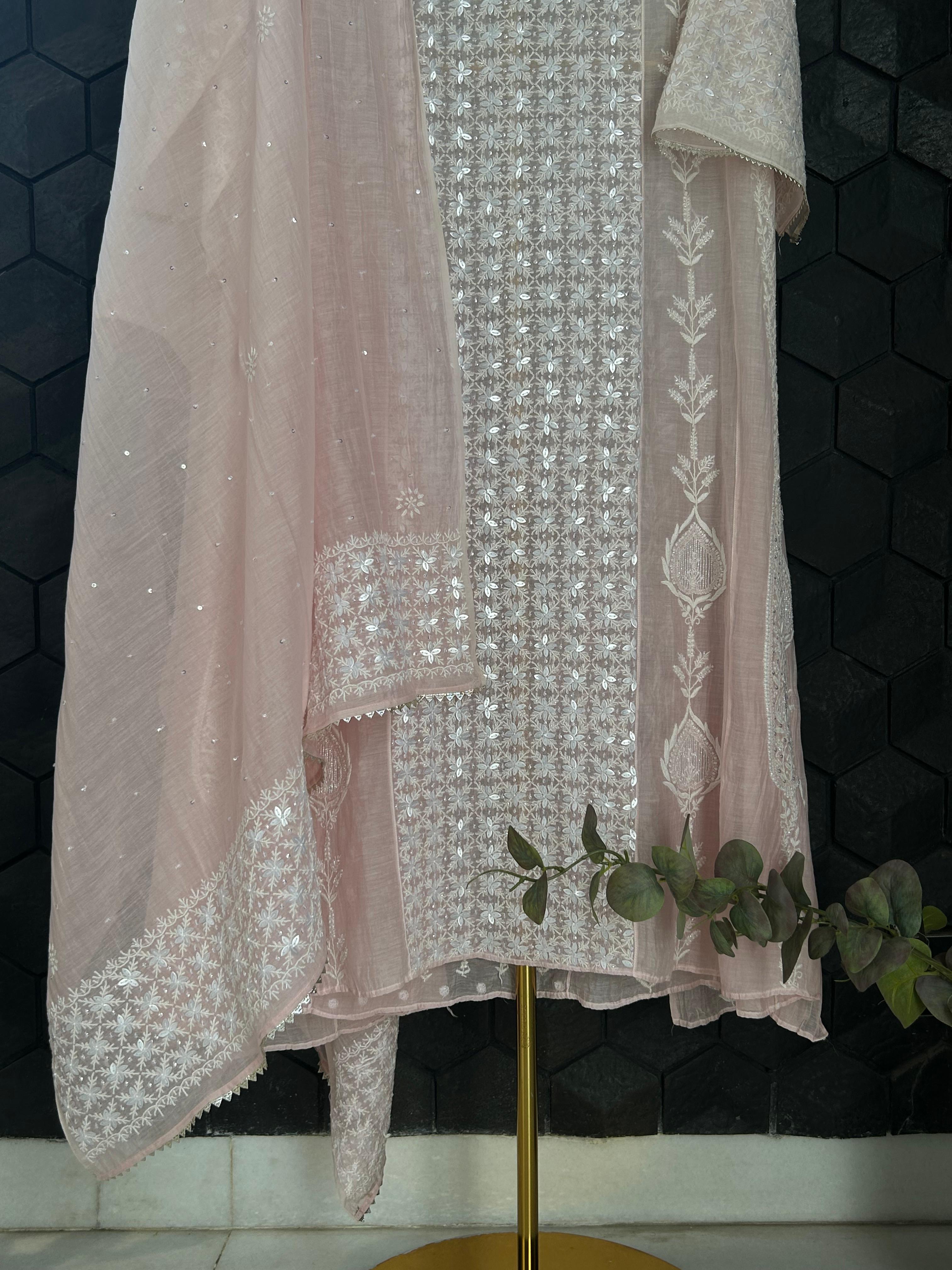 Pink Mul Chanderi Chikankari Anarkali Set