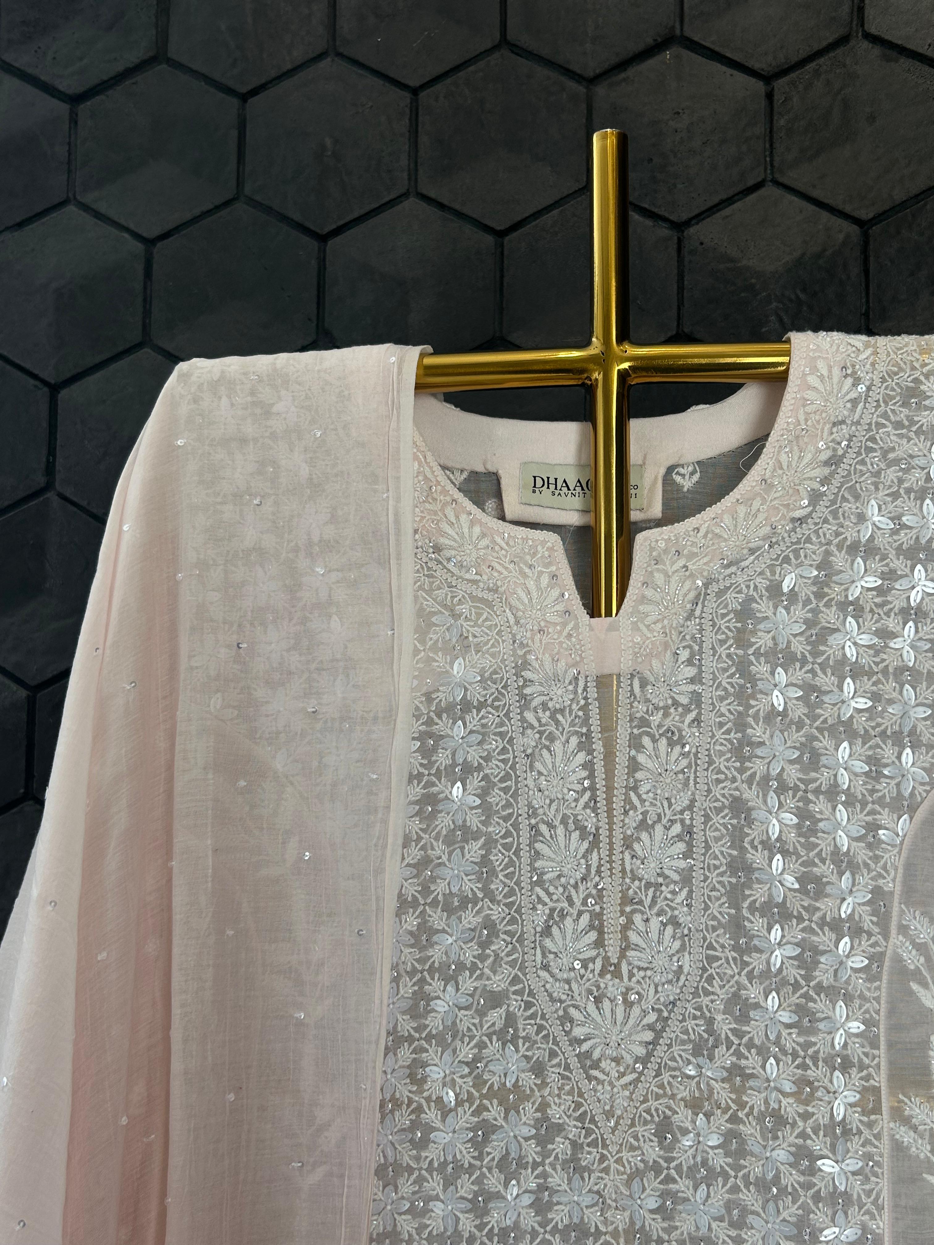 Pink Mul Chanderi Chikankari Anarkali Set