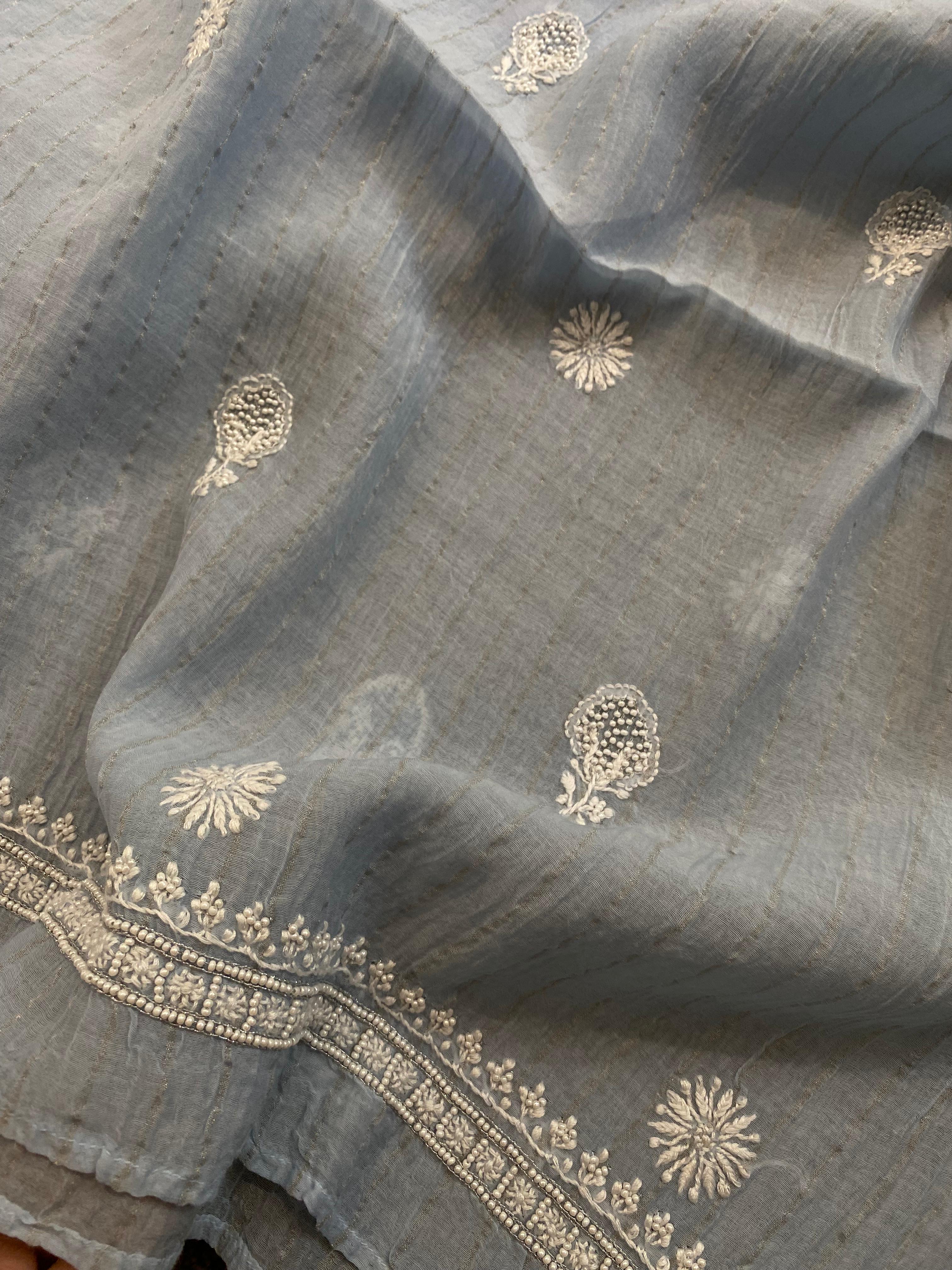 Blue mens chanderi chikankari kurta