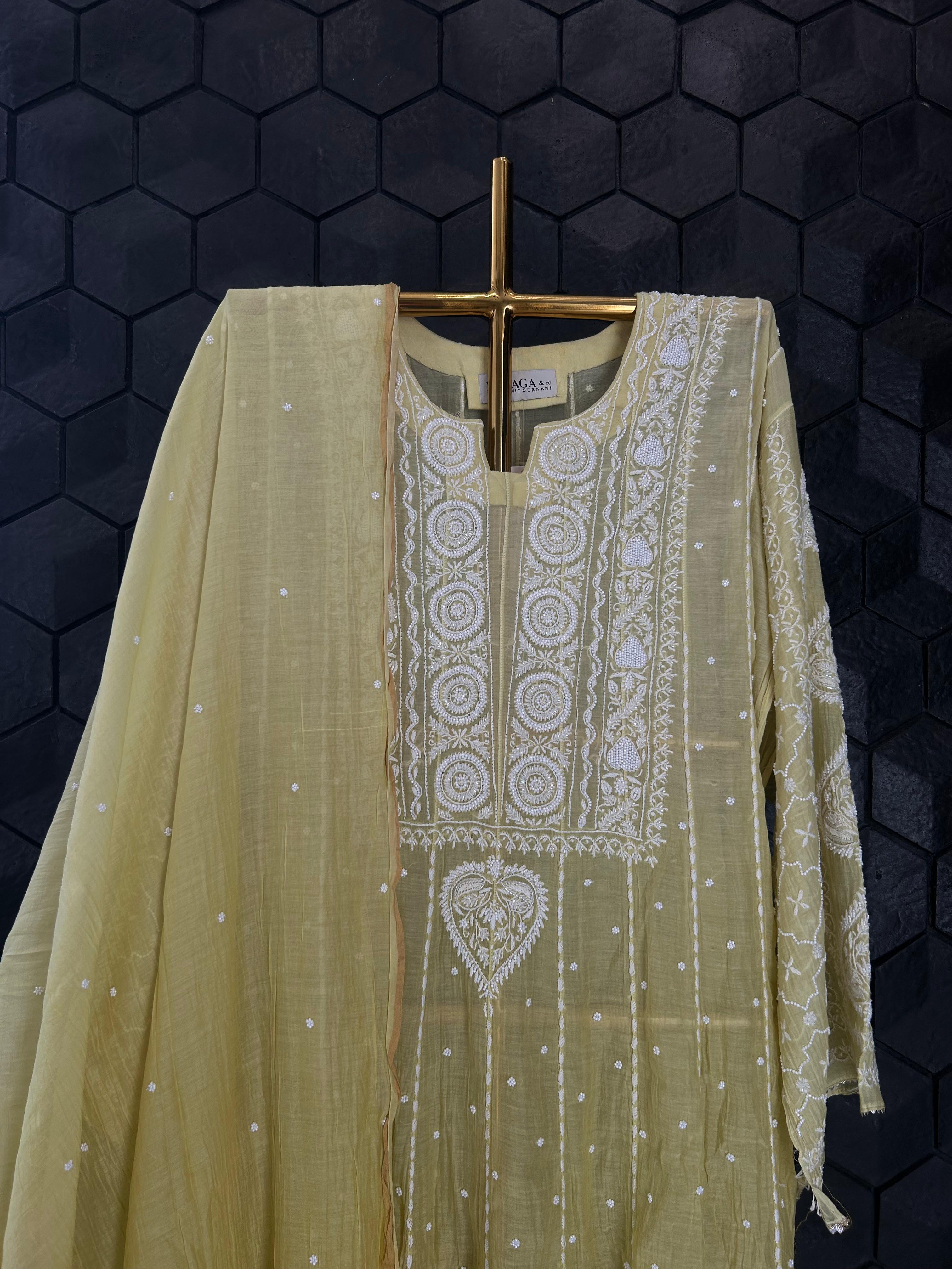 Lime green mul chanderi Chikankari Anarkali set