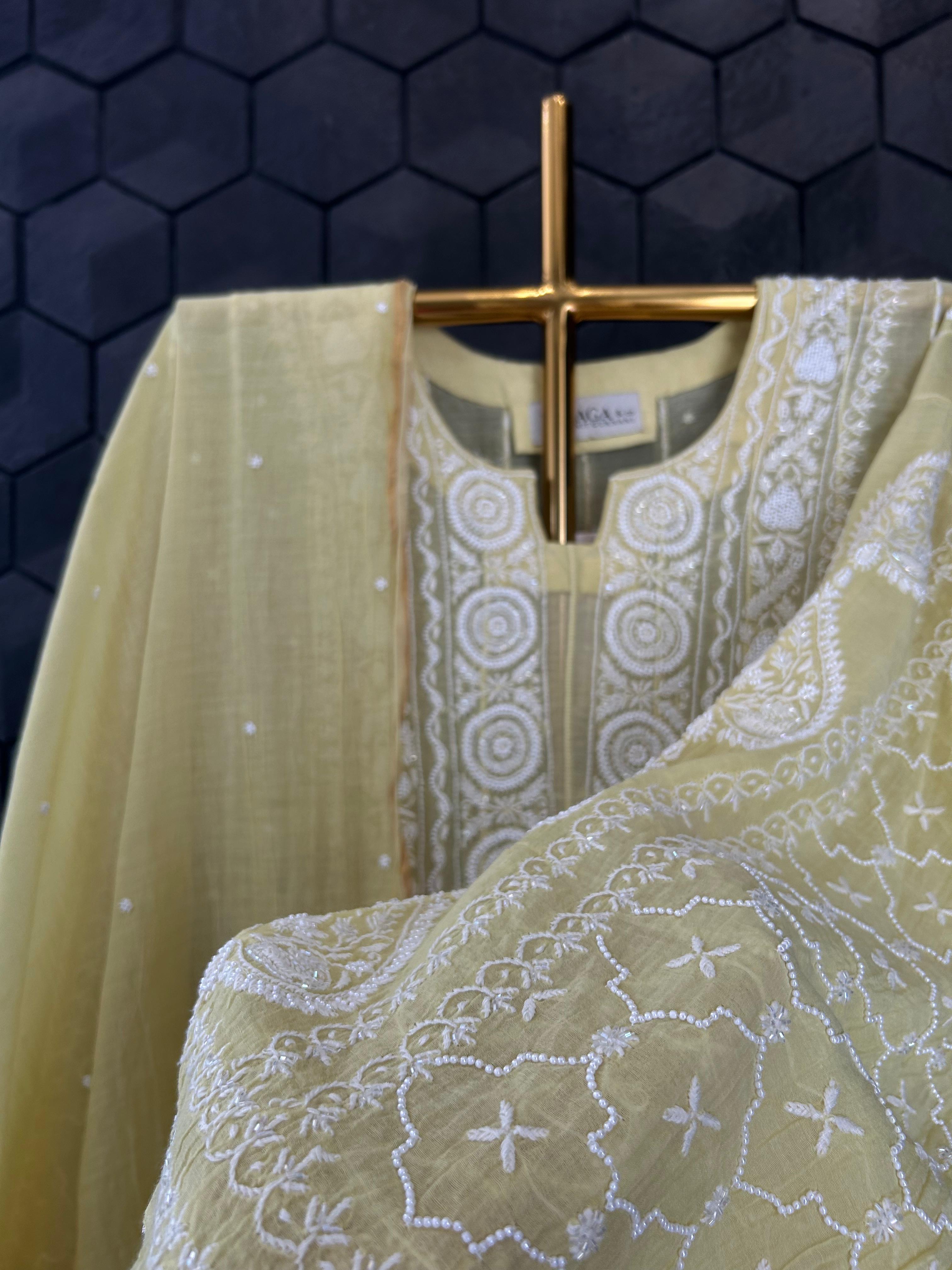 Lime green mul chanderi Chikankari Anarkali set