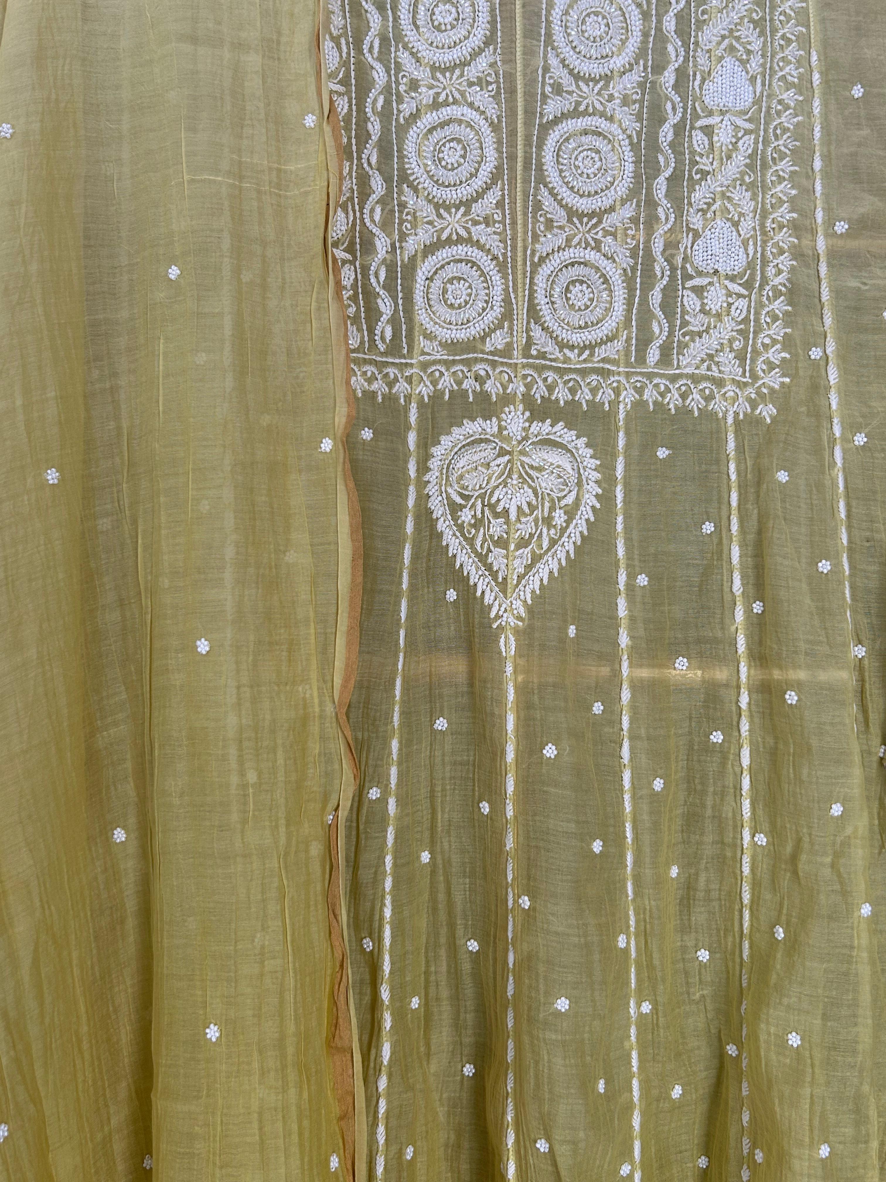 Lime green mul chanderi Chikankari Anarkali set