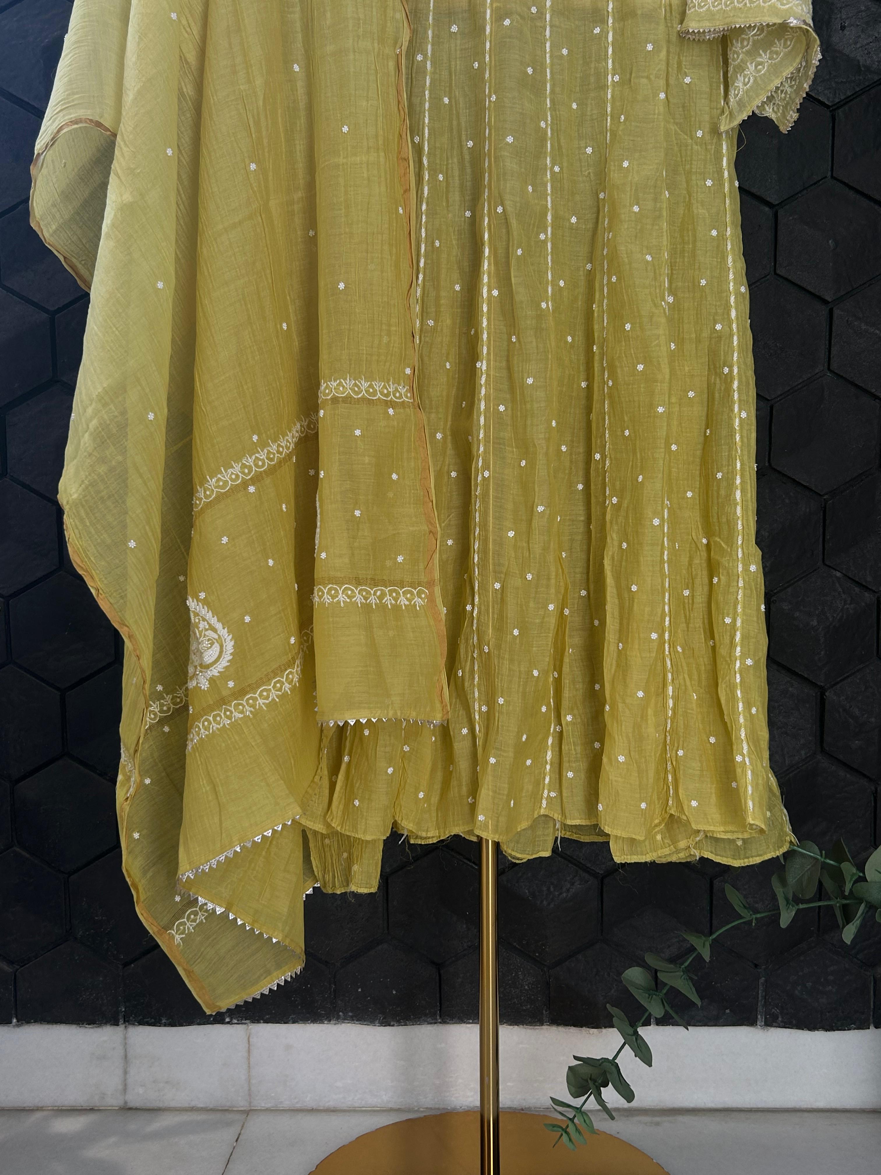 Lime green mul chanderi Chikankari Anarkali set