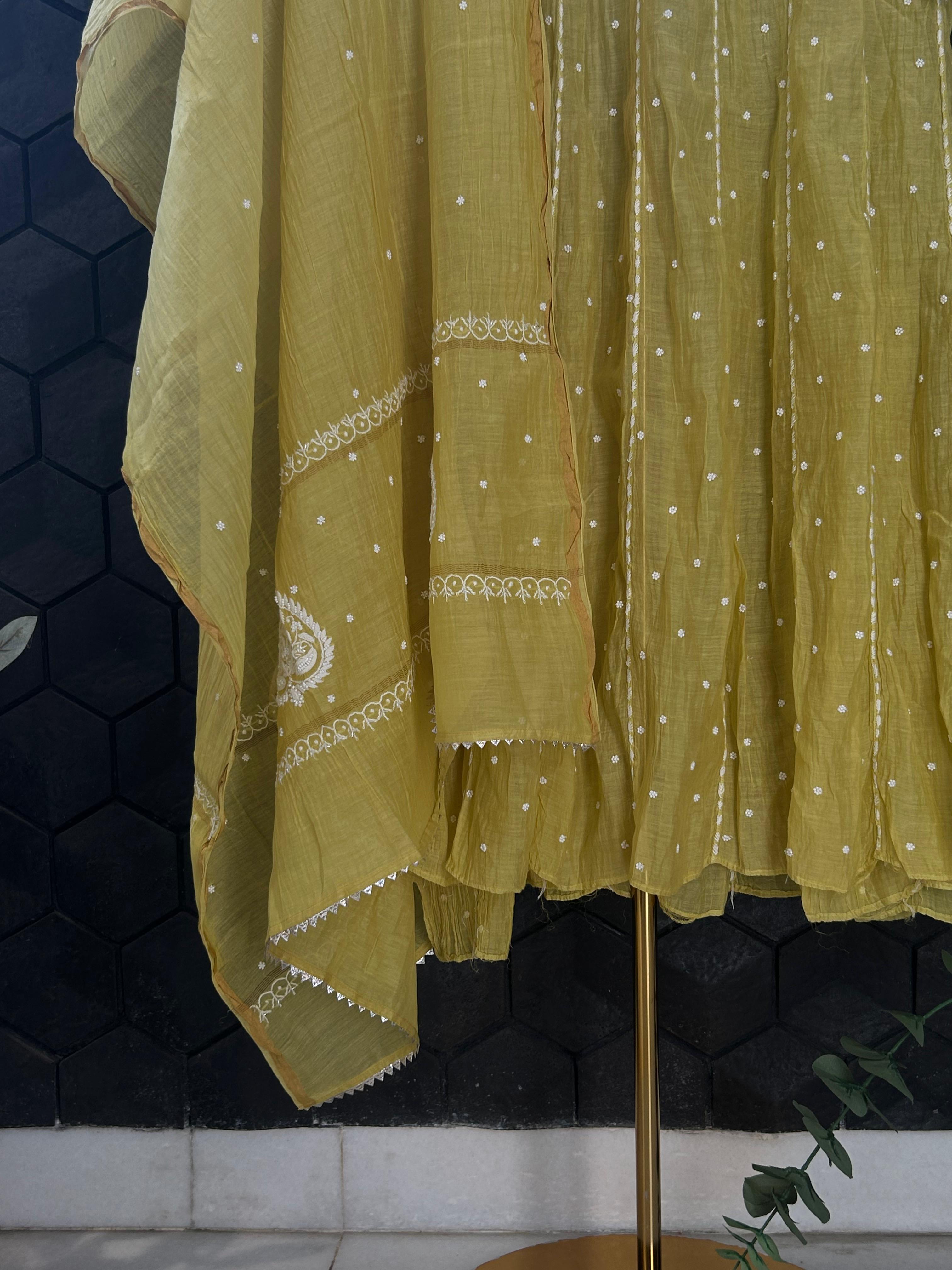 Lime green mul chanderi Chikankari Anarkali set