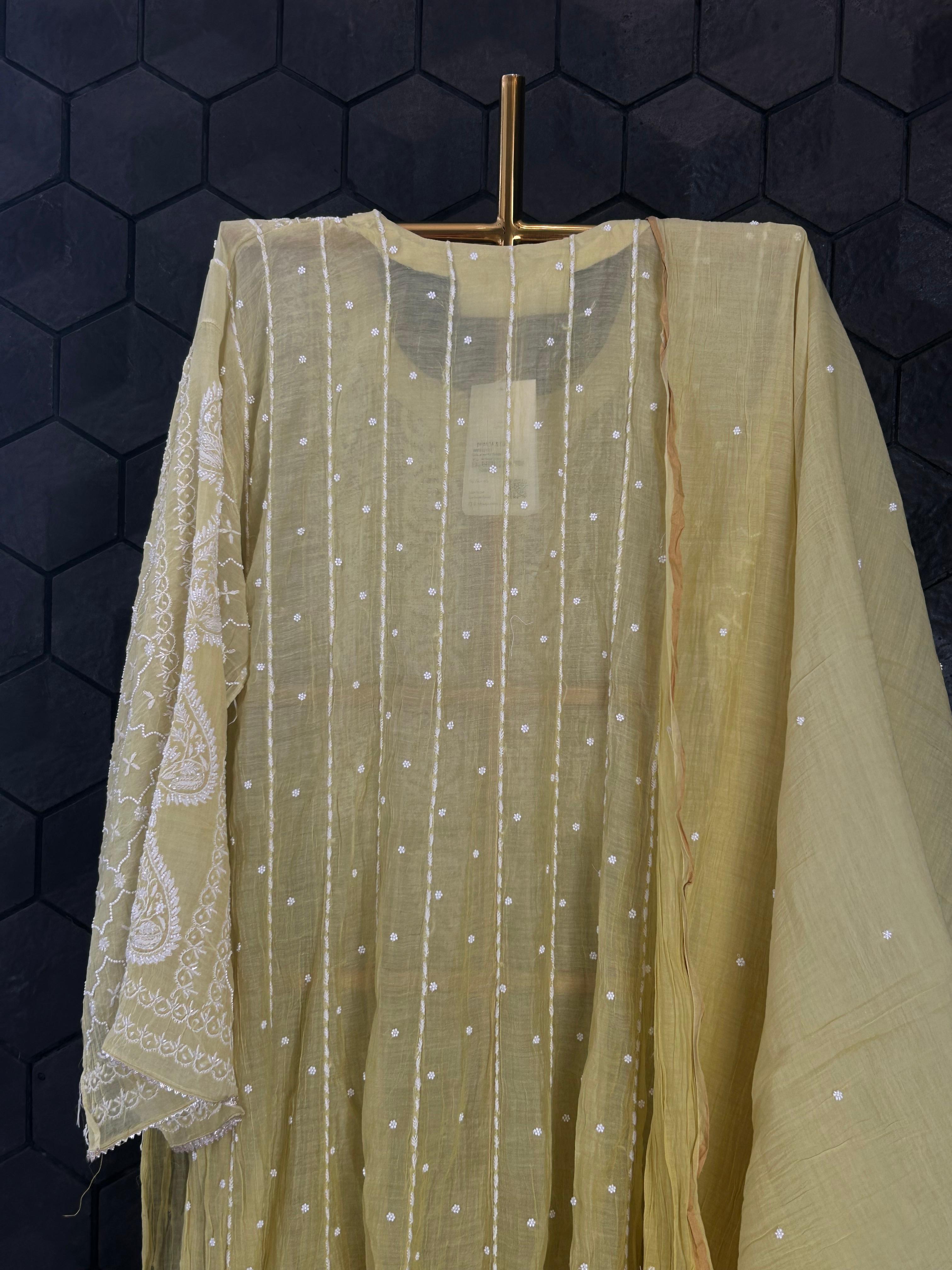 Lime green mul chanderi Chikankari Anarkali set