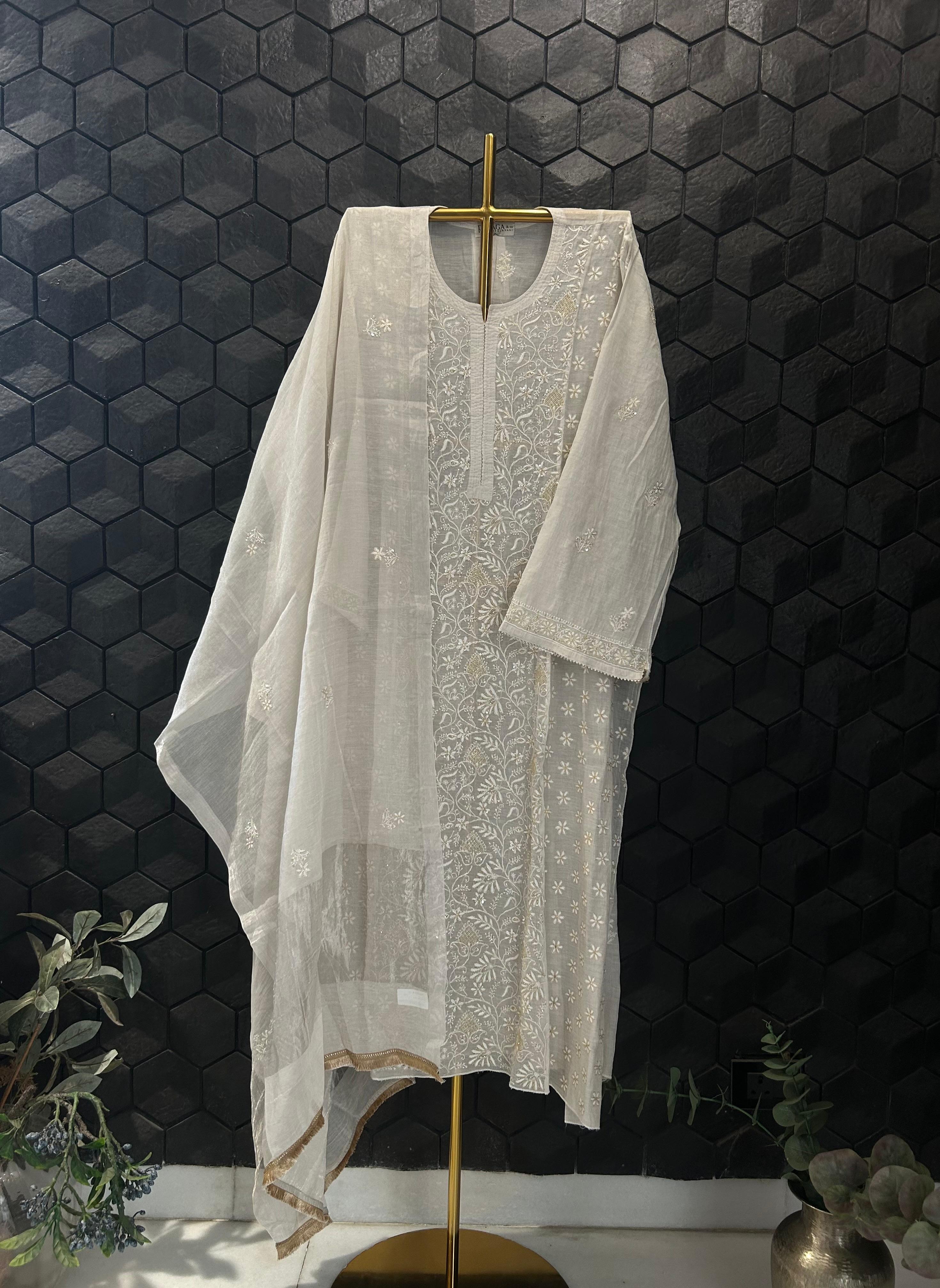 White Silver Tissue Chikankari Kurta Set