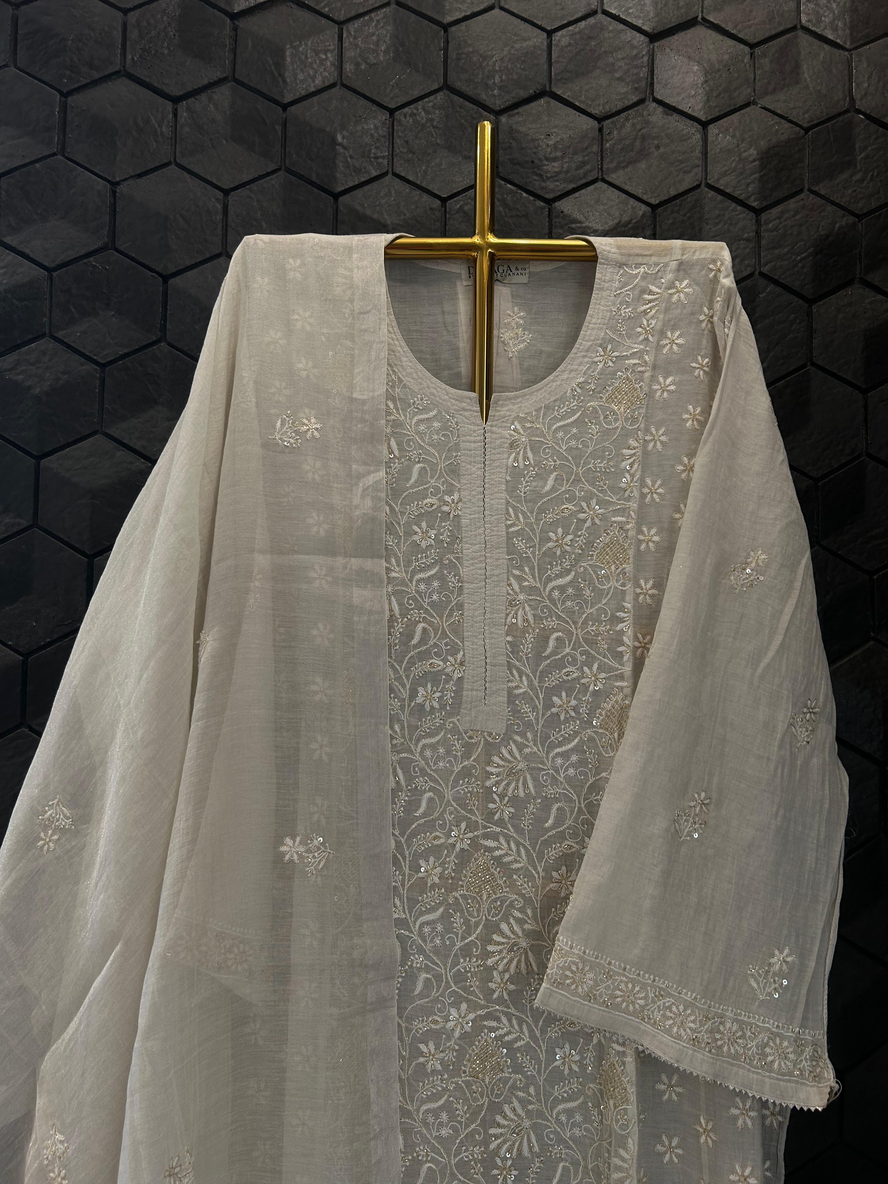 White Silver Tissue Chikankari Kurta Set