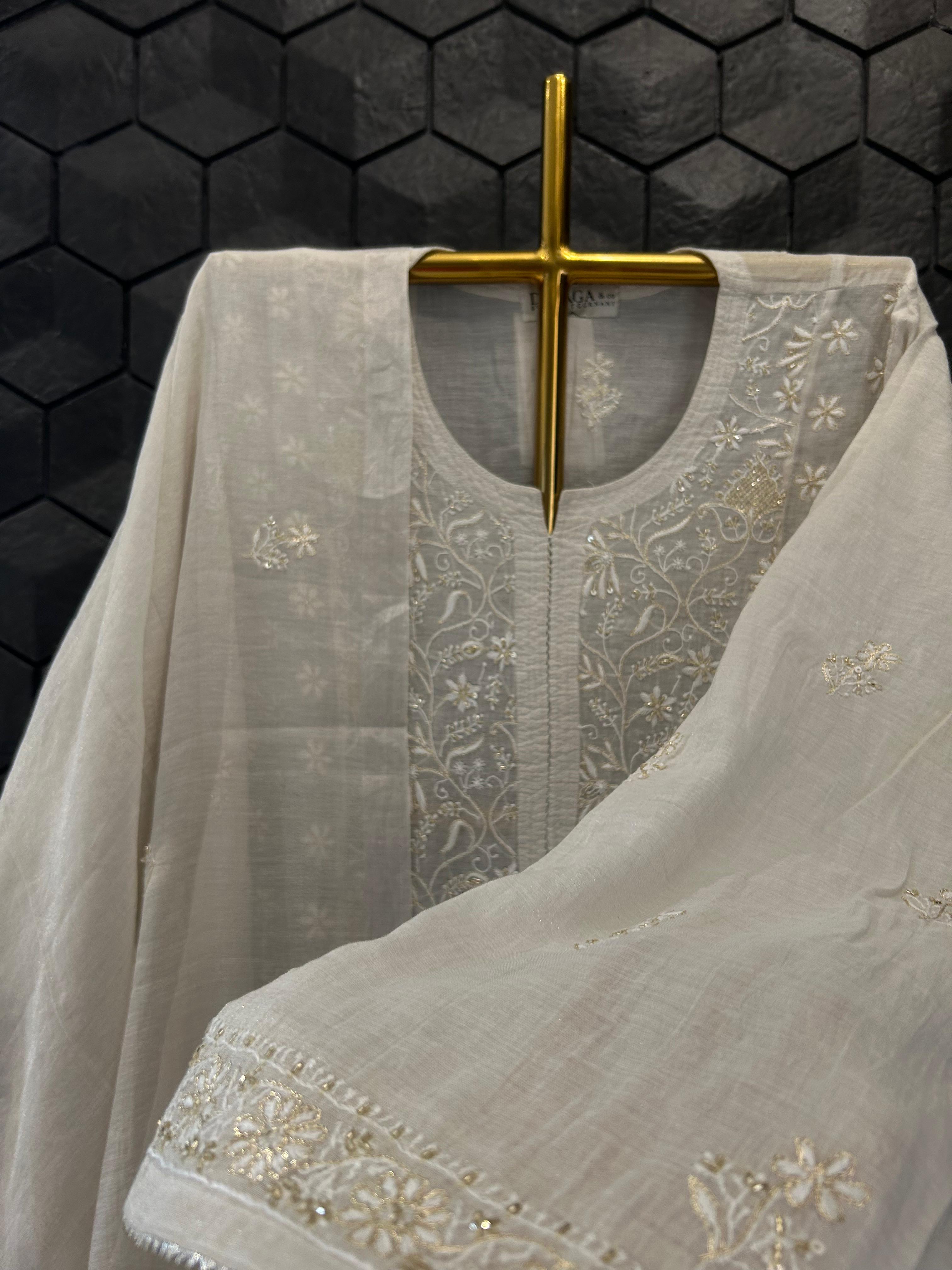 White Silver Tissue Chikankari Kurta Set