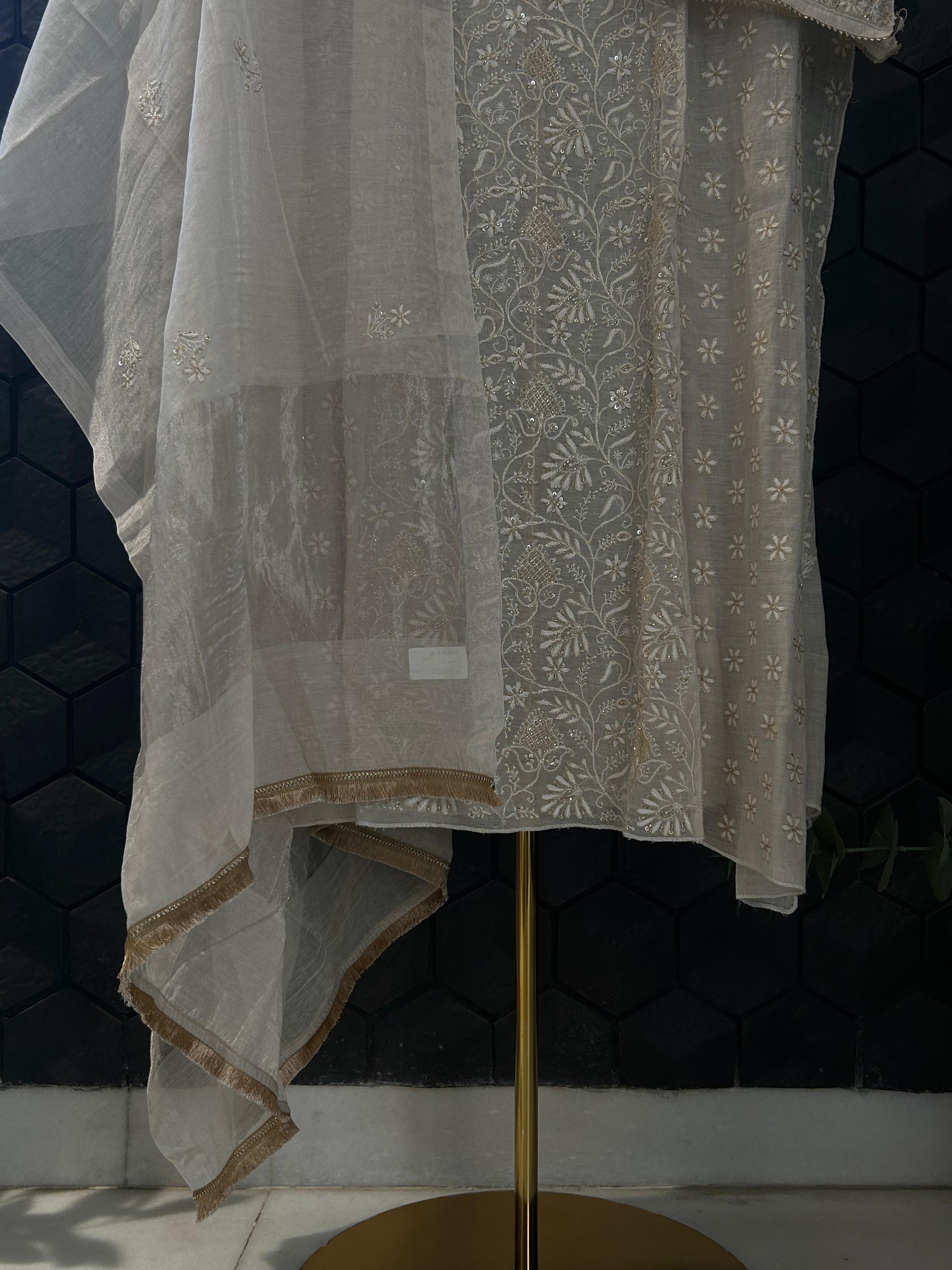 White Silver Tissue Chikankari Kurta Set