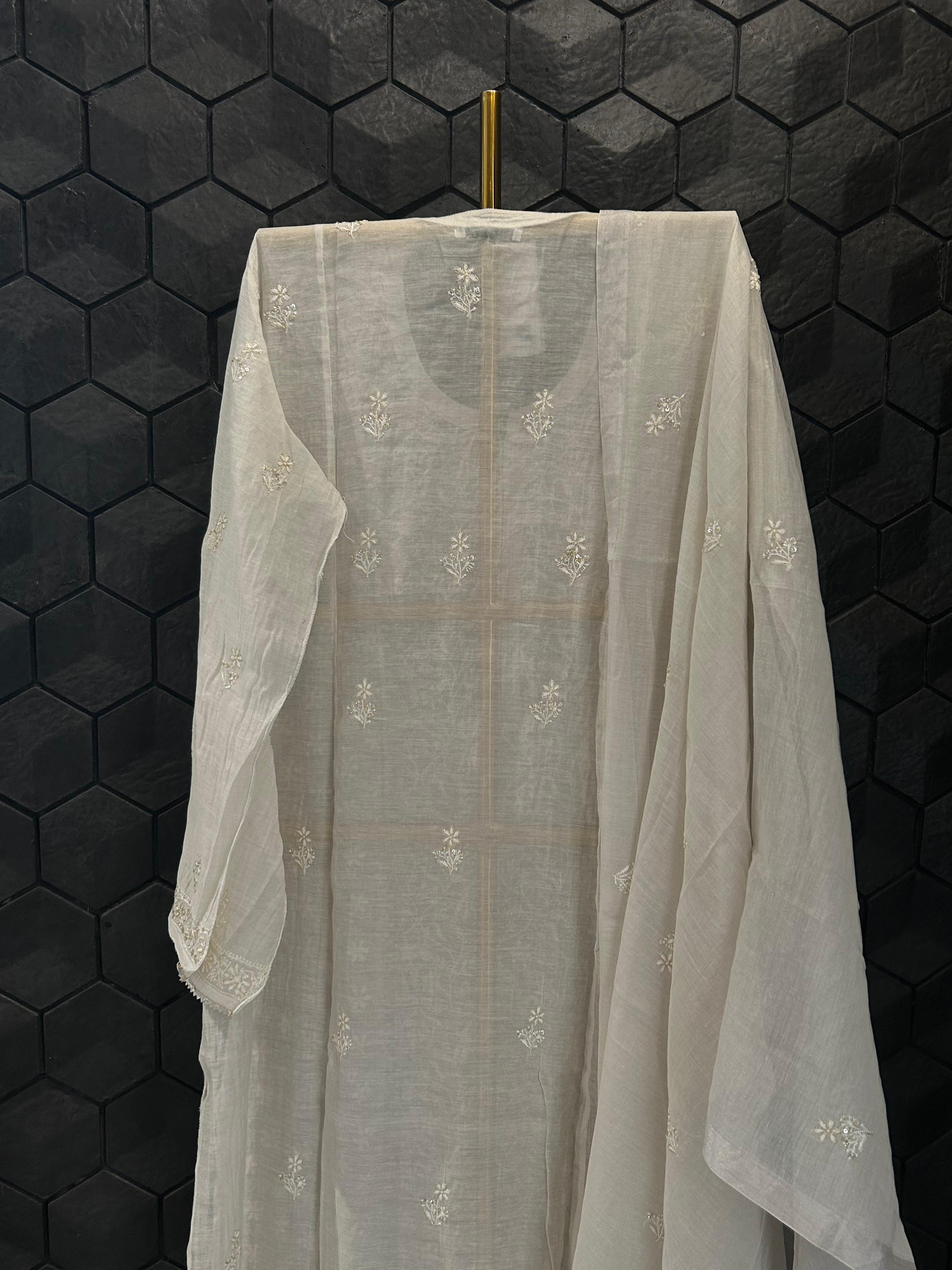 White Silver Tissue Chikankari Kurta Set