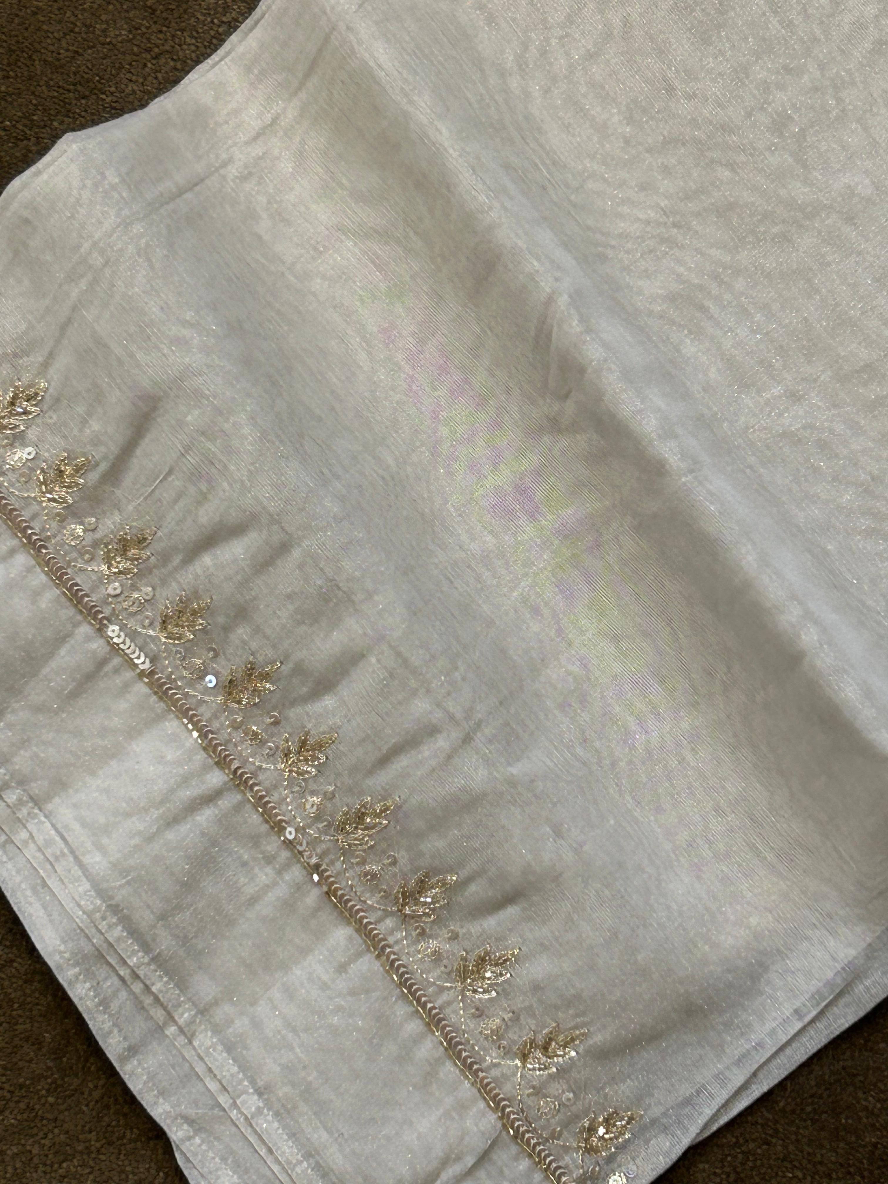 White Silver Tissue Chikankari Kurta Set