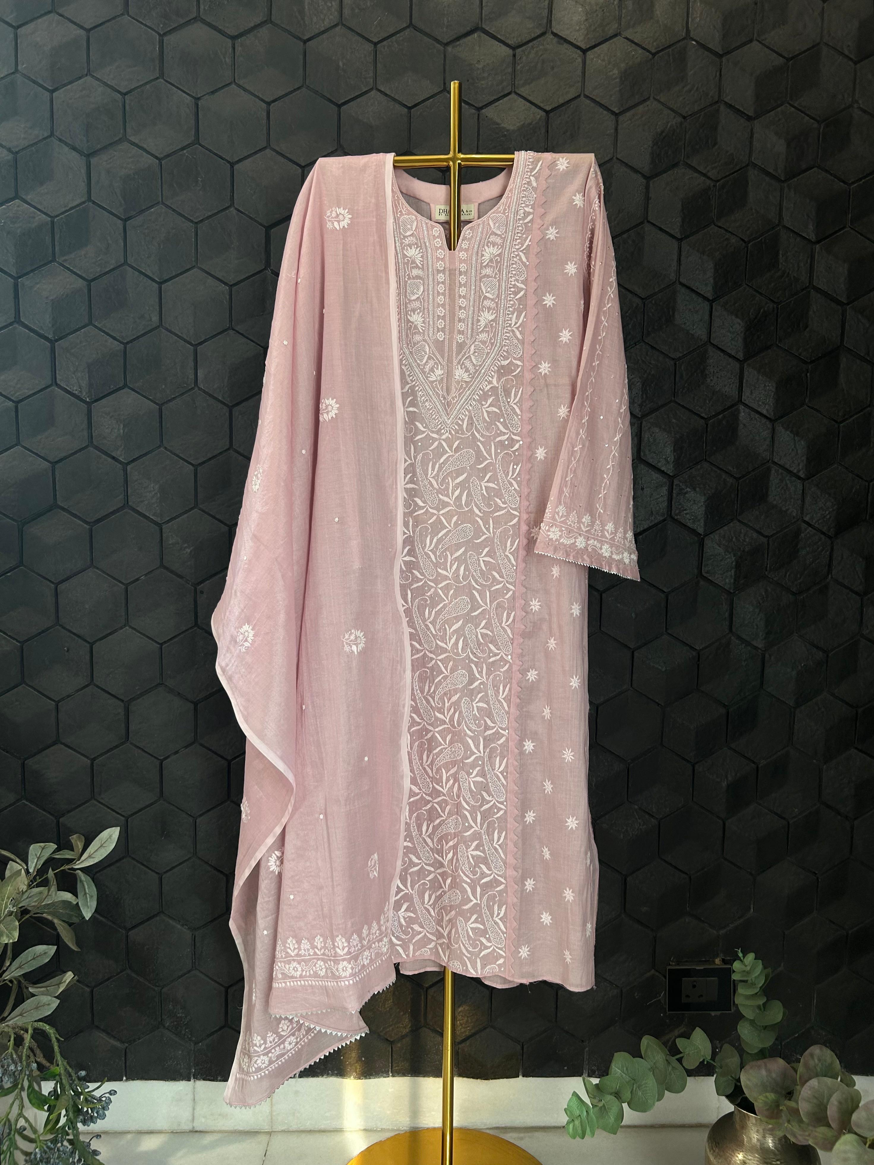 Pink Tissue Chikankari Kurta Set
