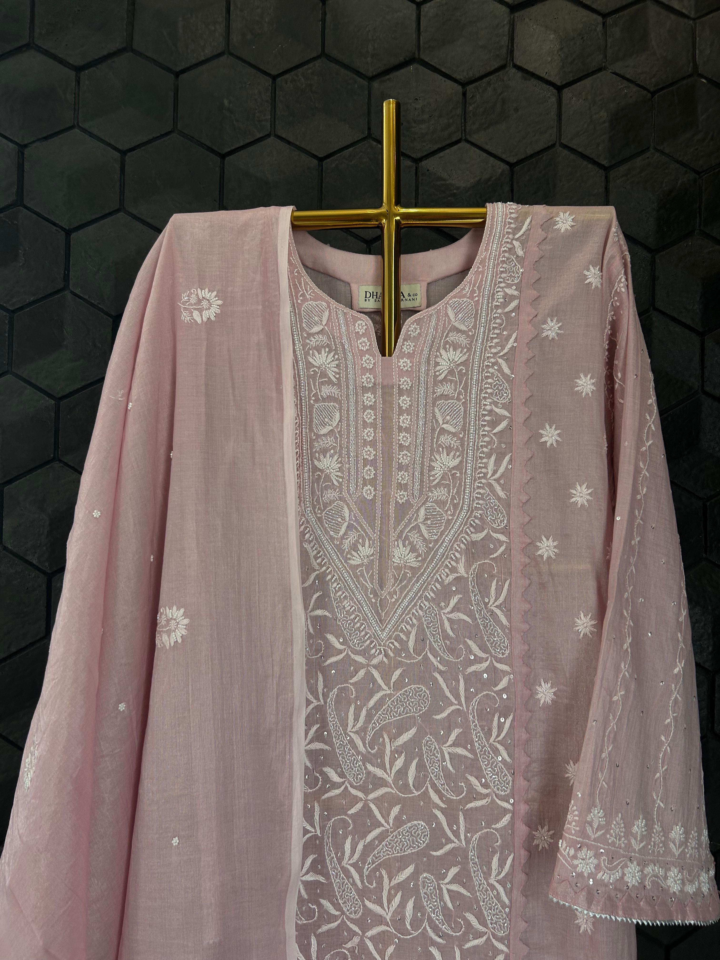 Pink Tissue Chikankari Kurta Set