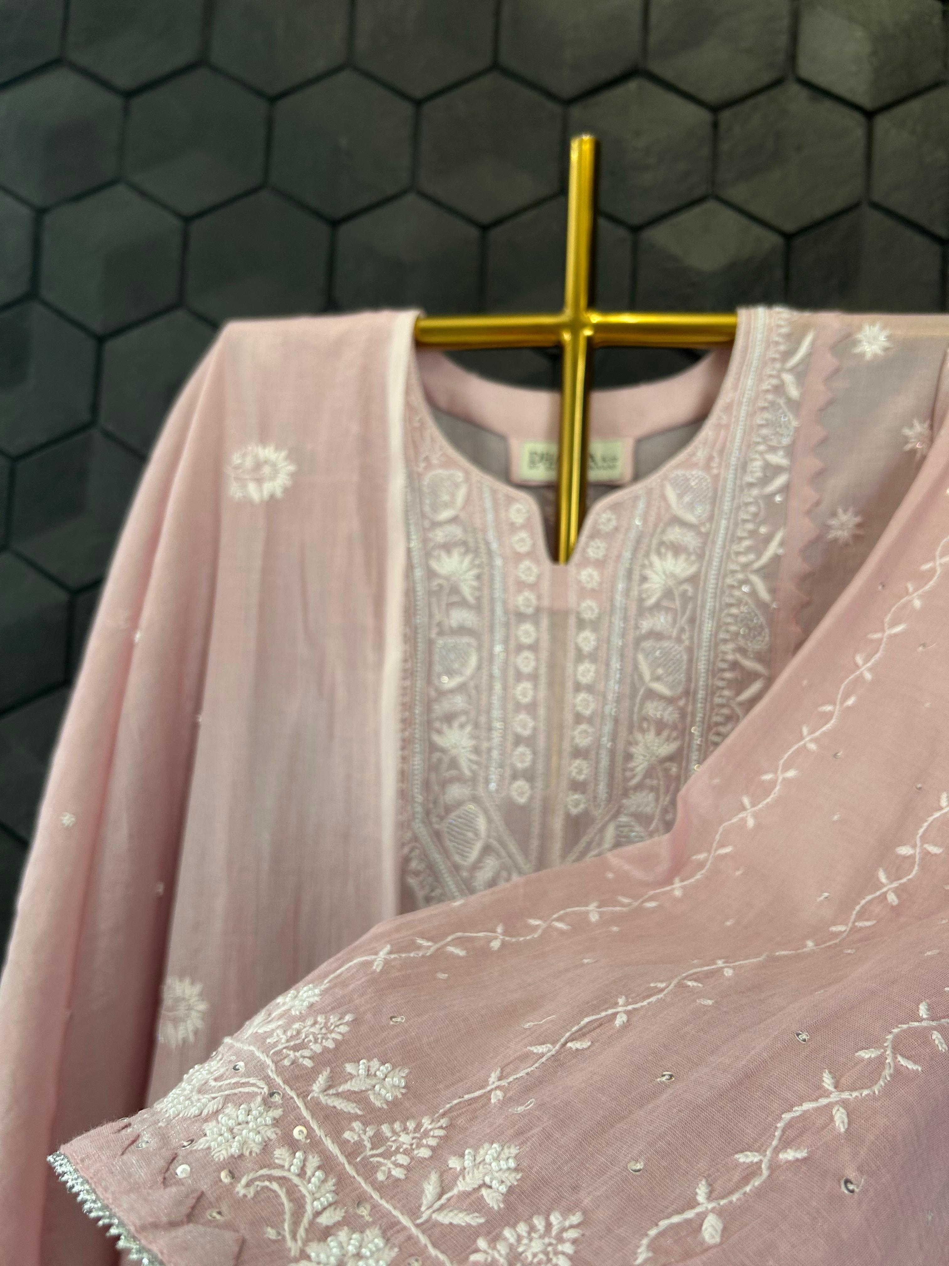 Pink Tissue Chikankari Kurta Set