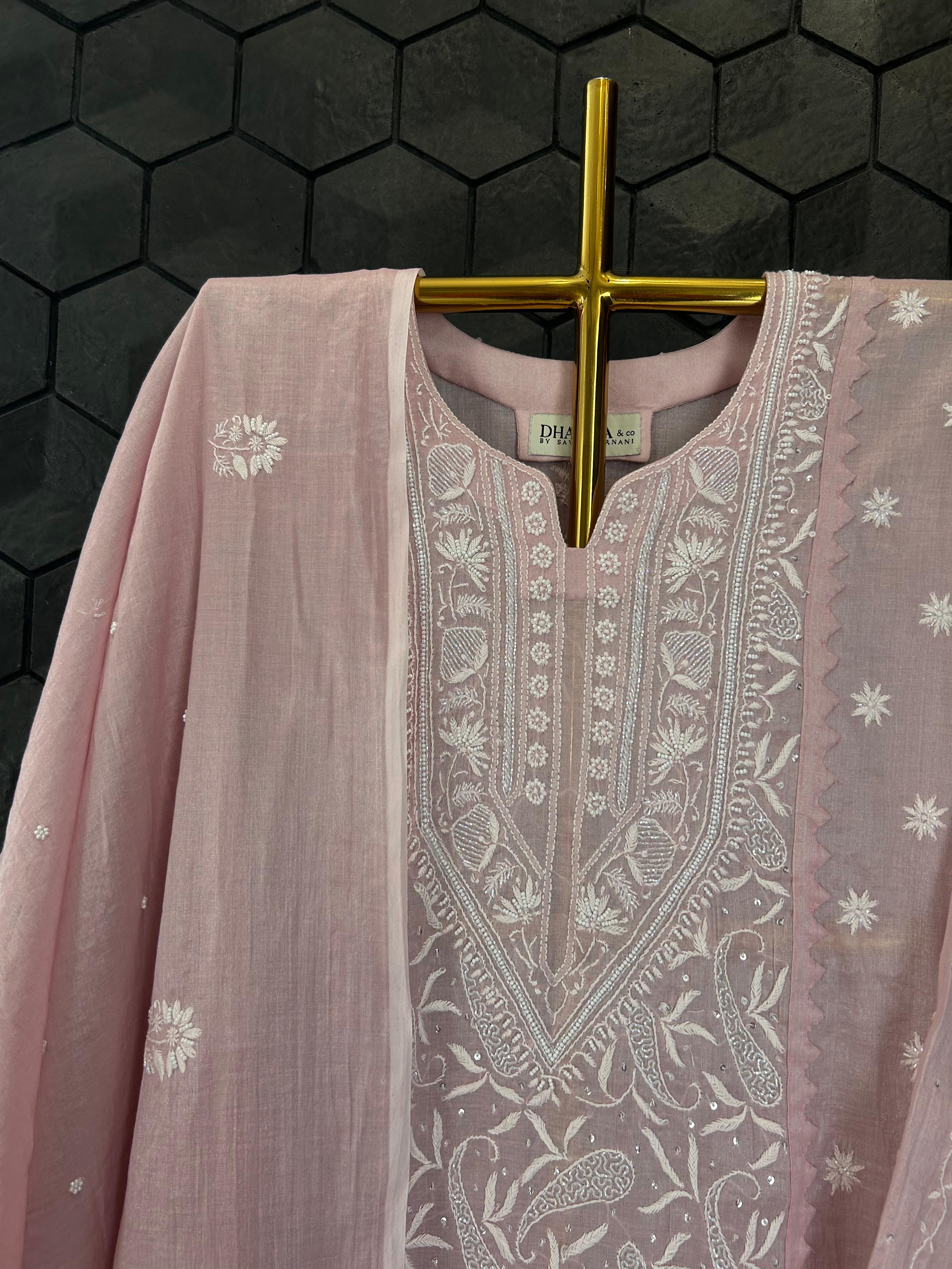 Pink Tissue Chikankari Kurta Set