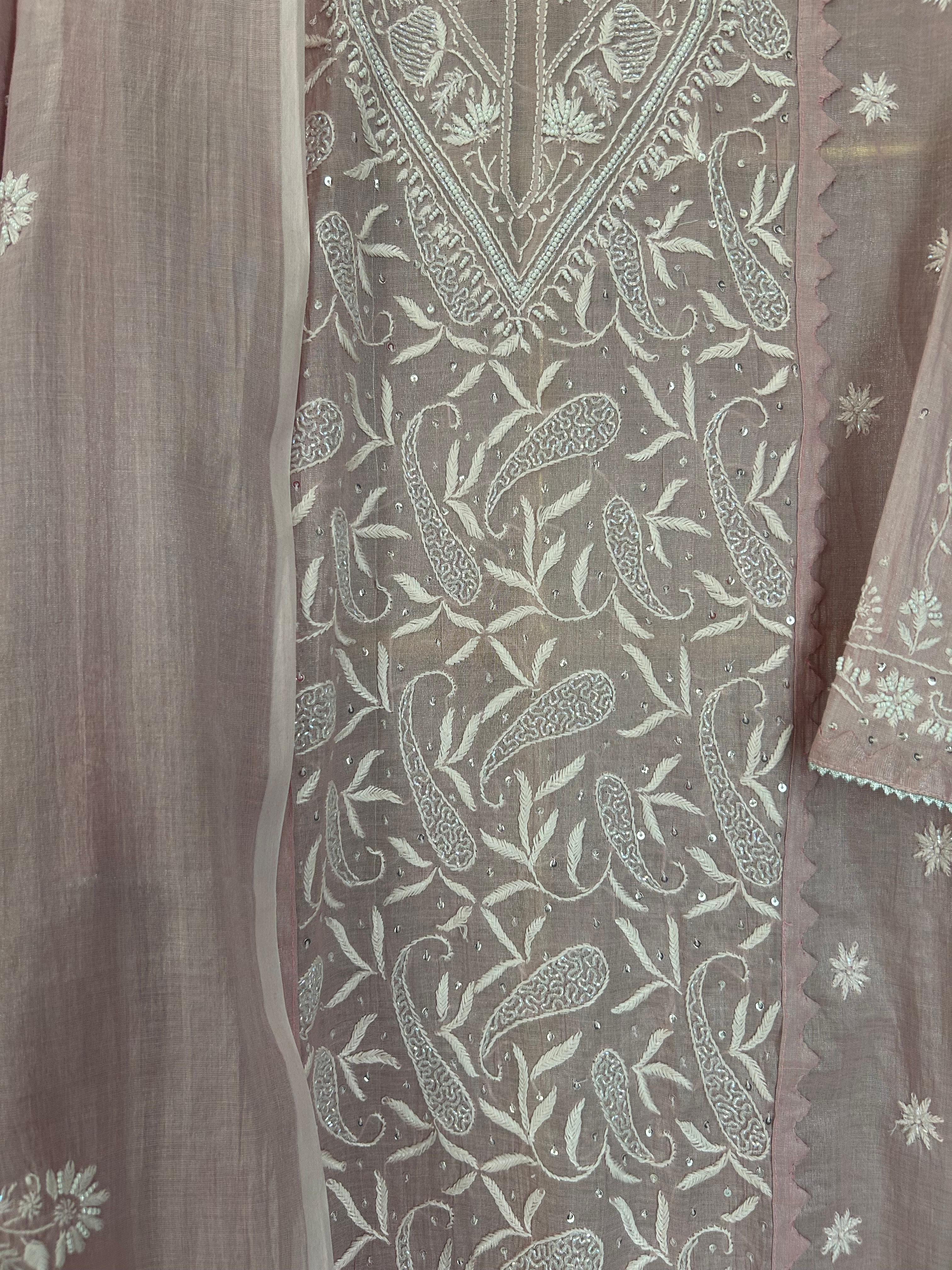 Pink Tissue Chikankari Kurta Set