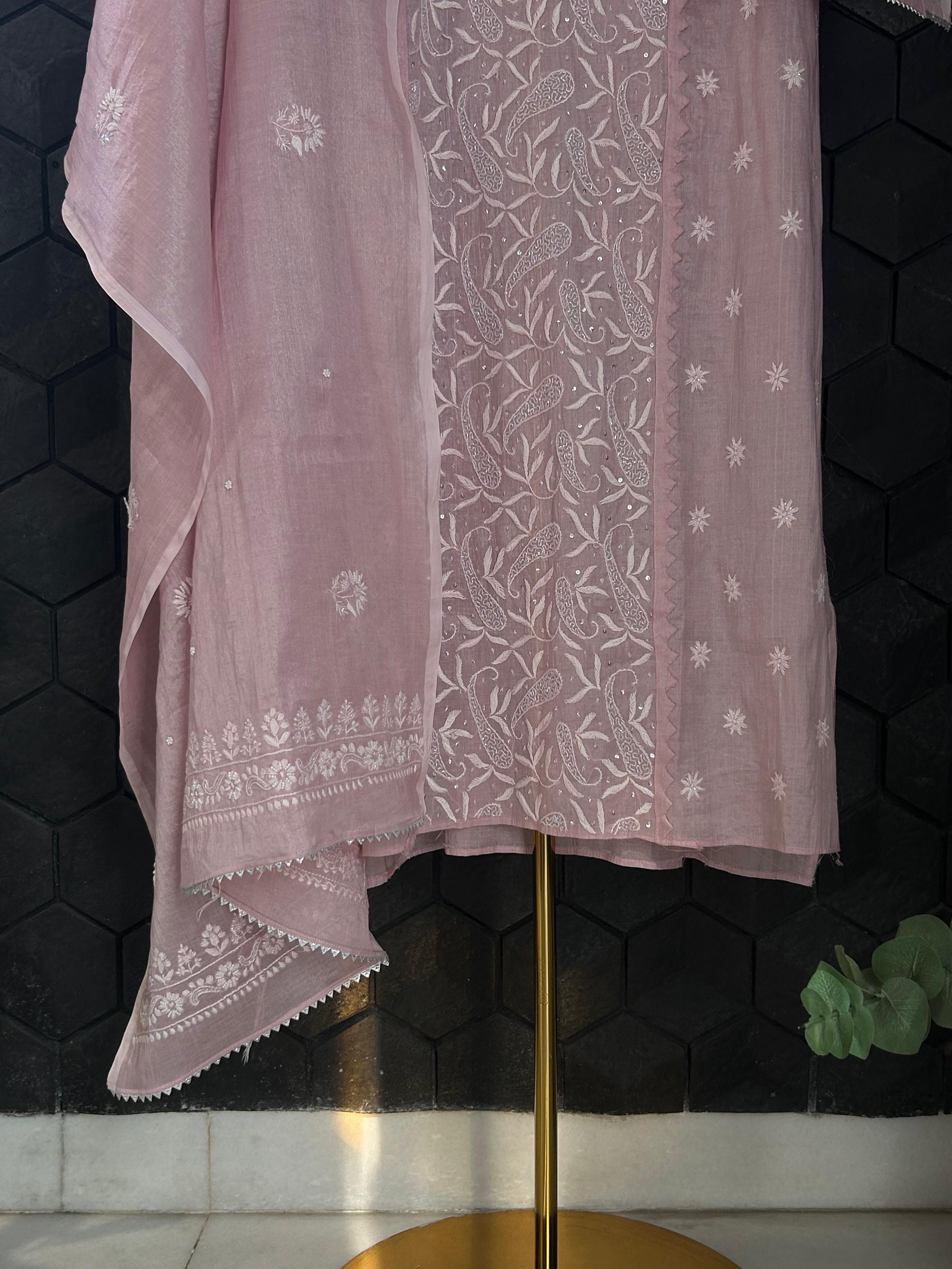 Pink Tissue Chikankari Kurta Set