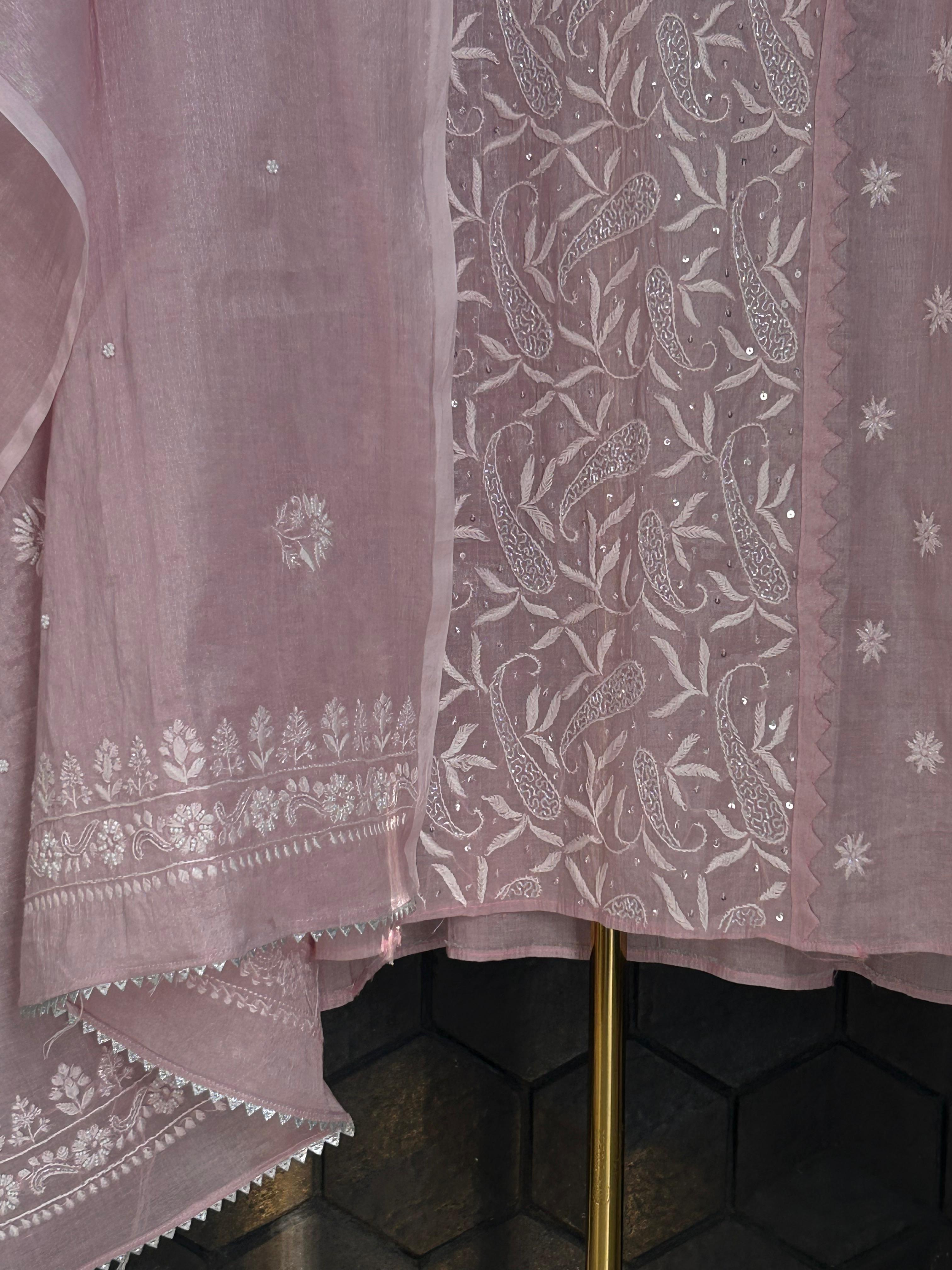 Pink Tissue Chikankari Kurta Set