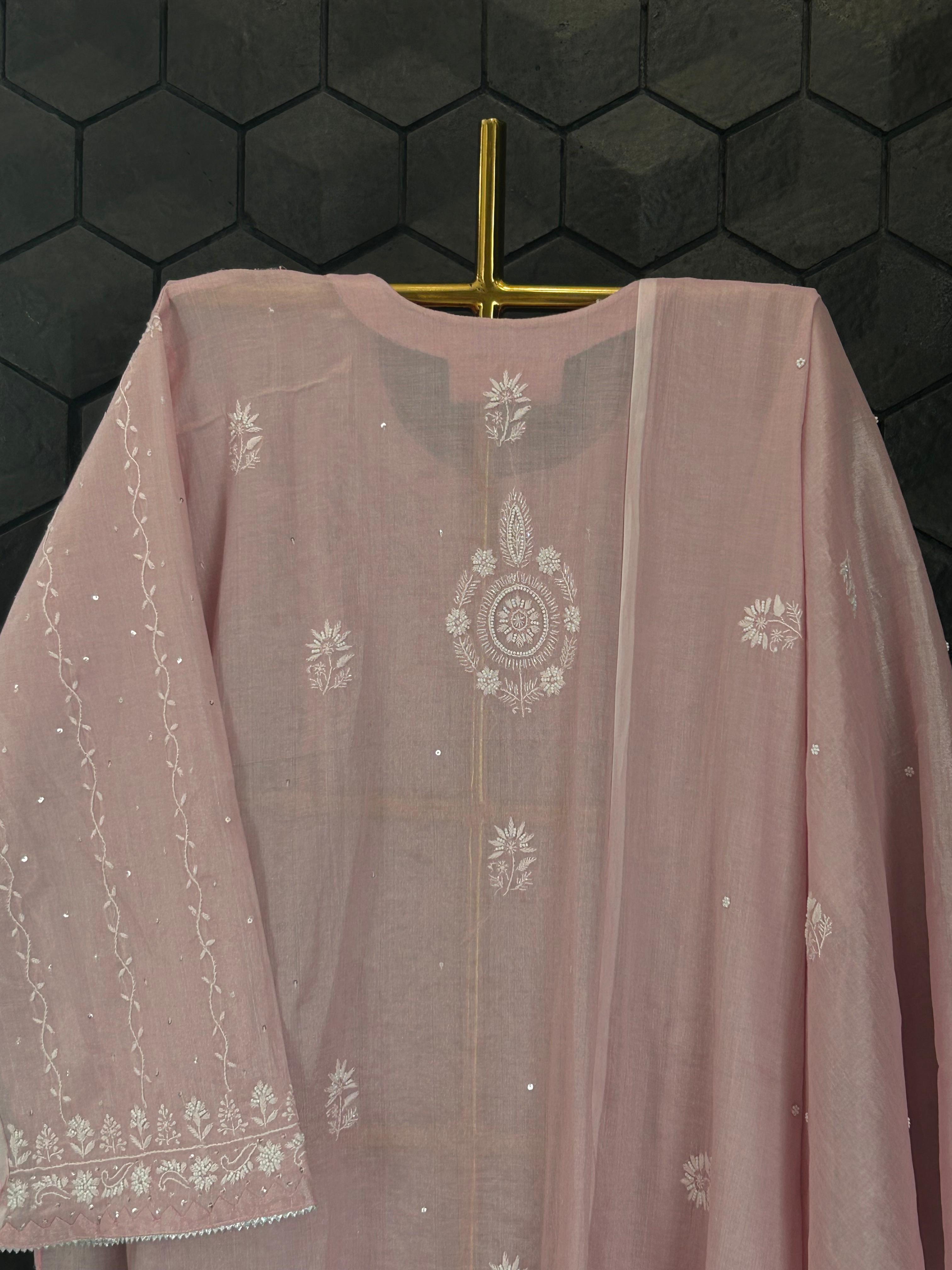 Pink Tissue Chikankari Kurta Set