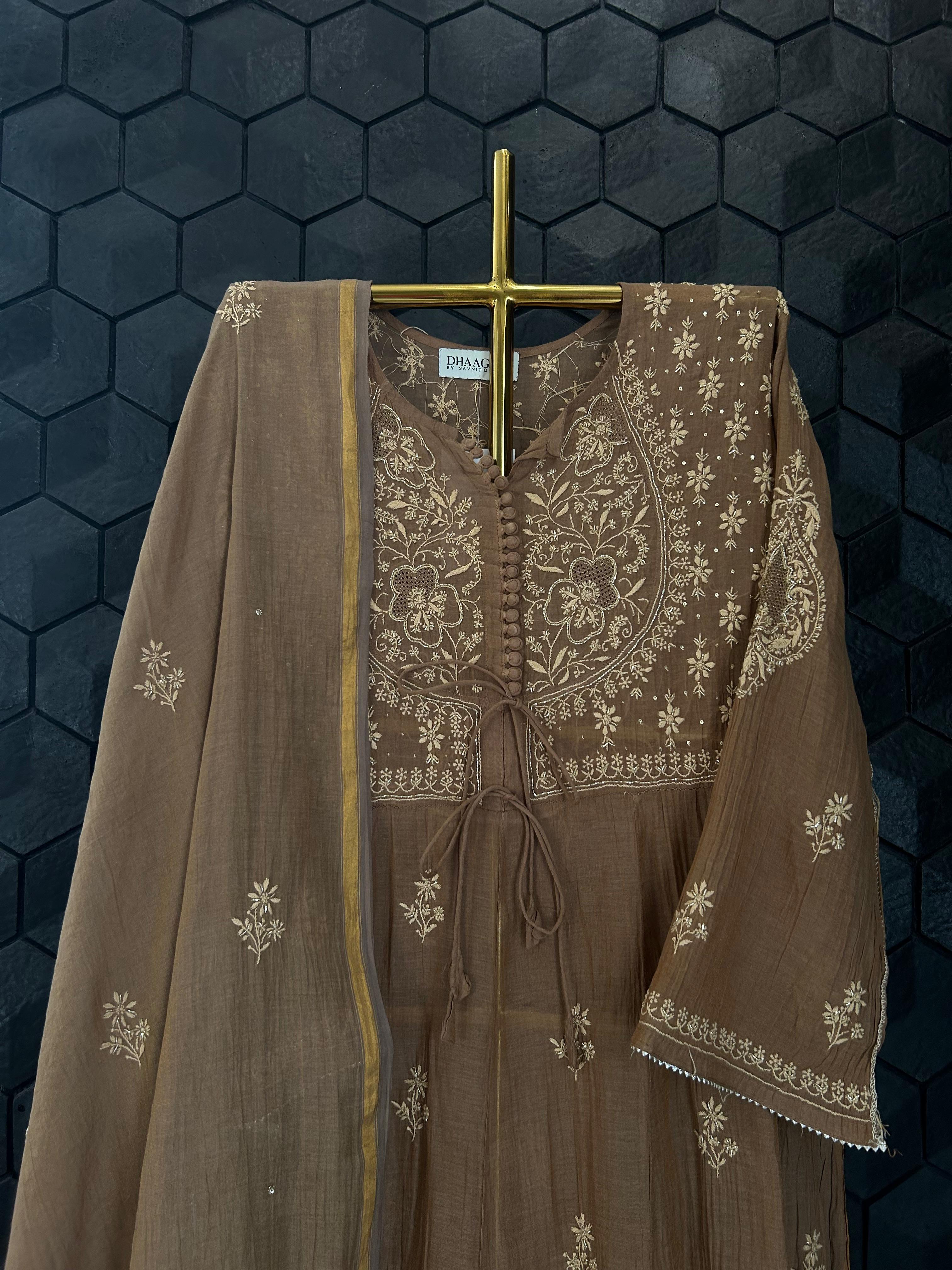 Brown tissue matka neckline chikankari anarkali set