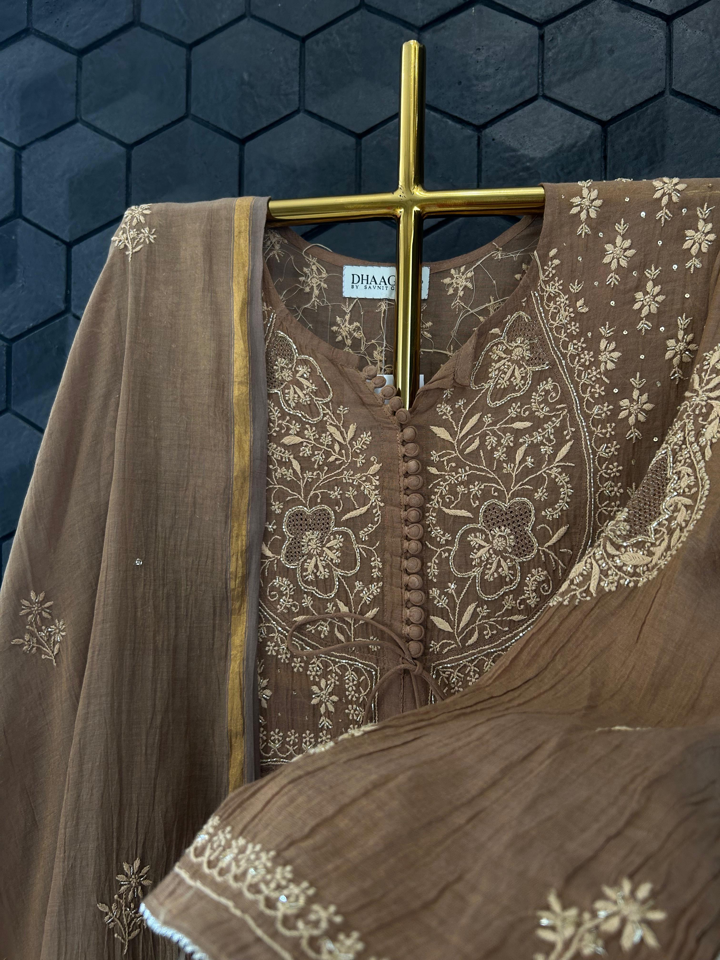Brown tissue matka neckline chikankari anarkali set