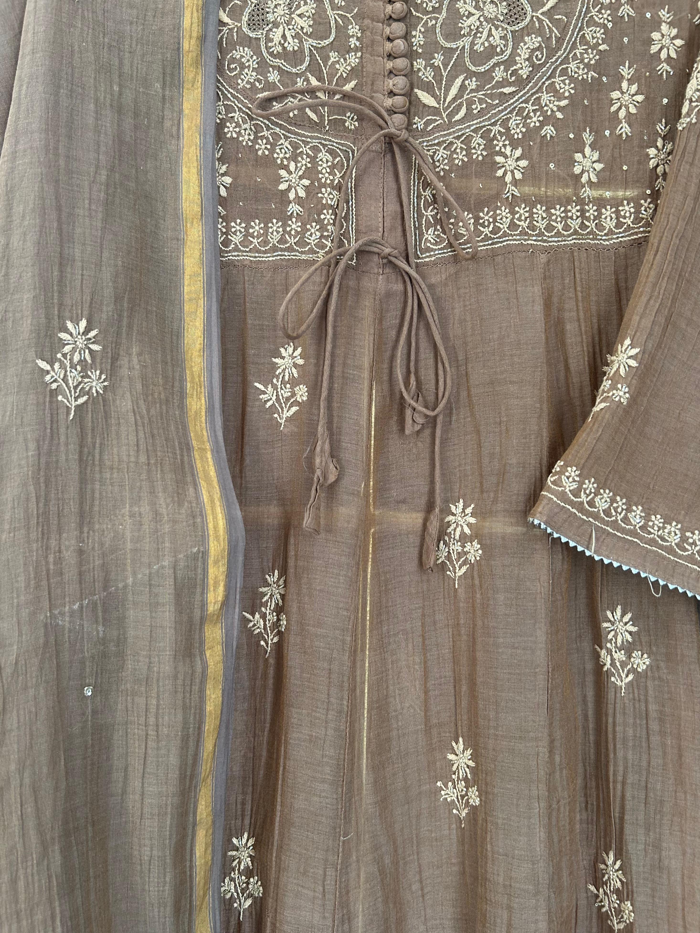 Brown tissue matka neckline chikankari anarkali set