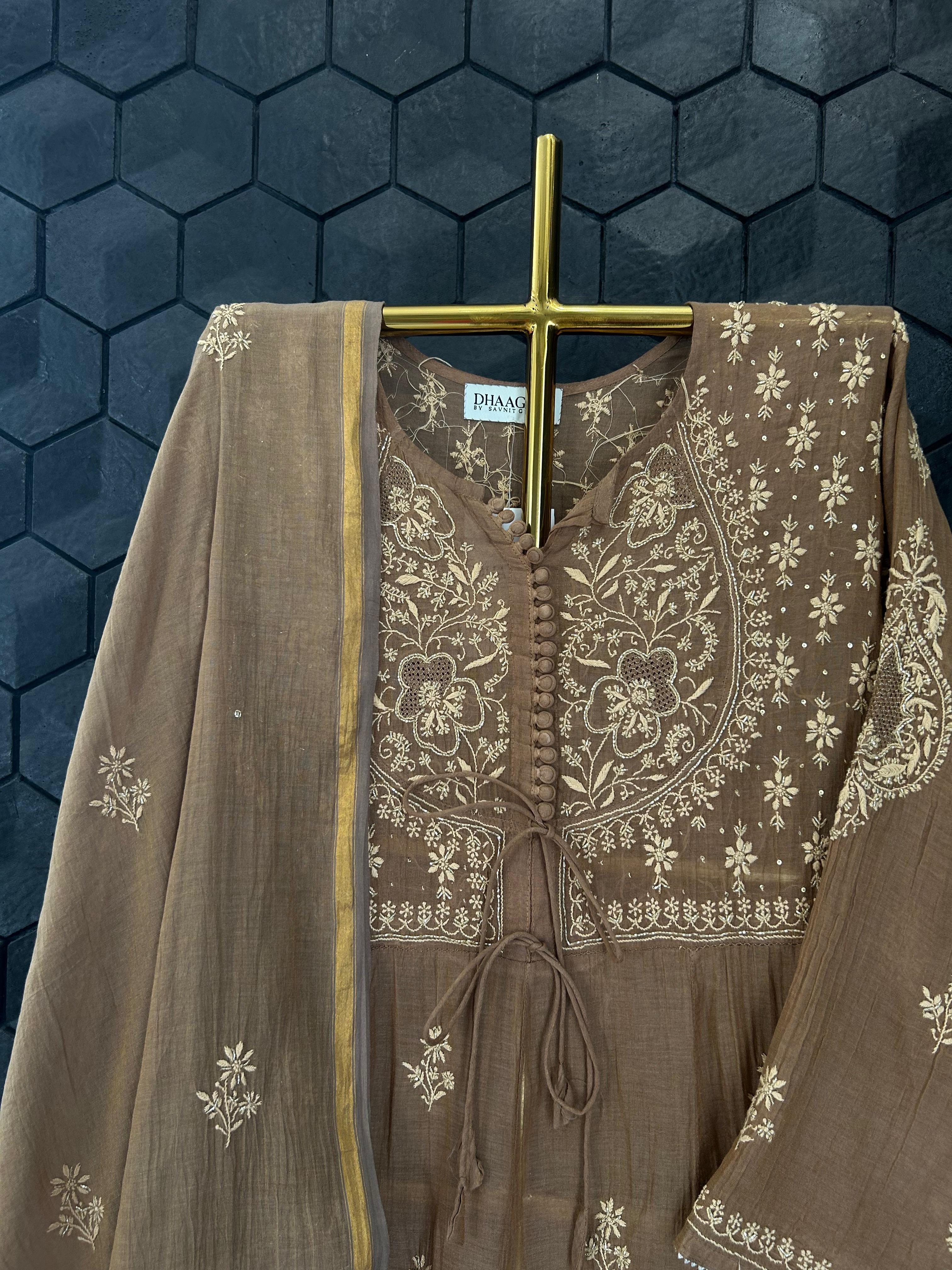 Brown tissue matka neckline chikankari anarkali set