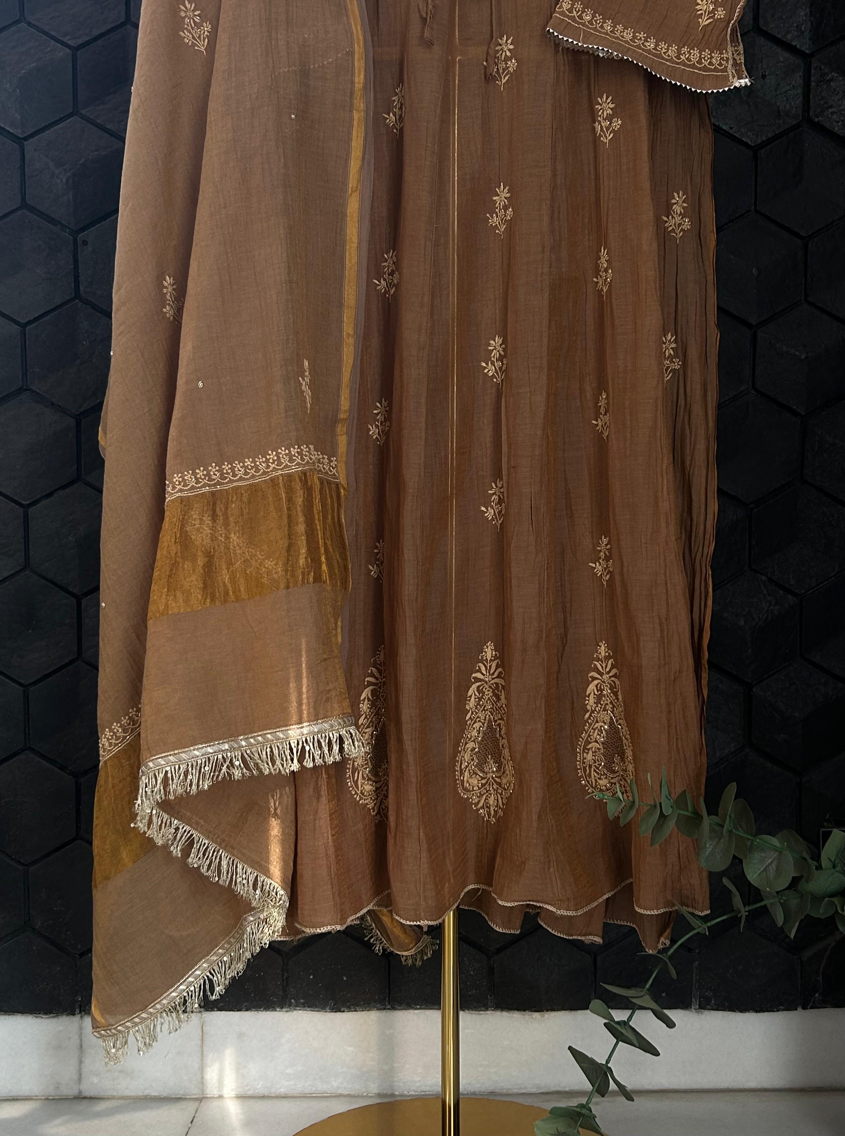 Brown tissue matka neckline chikankari anarkali set