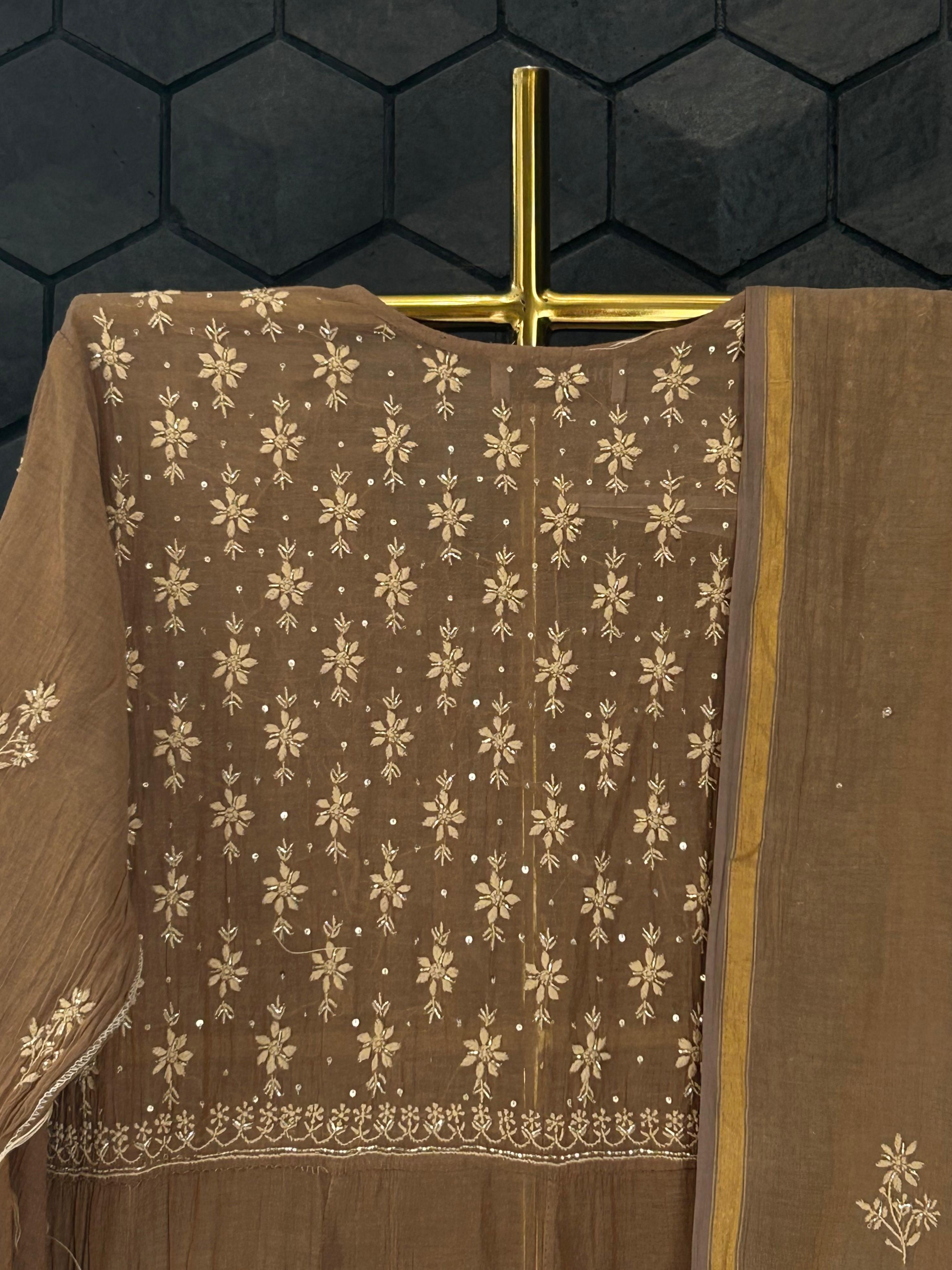 Brown tissue matka neckline chikankari anarkali set