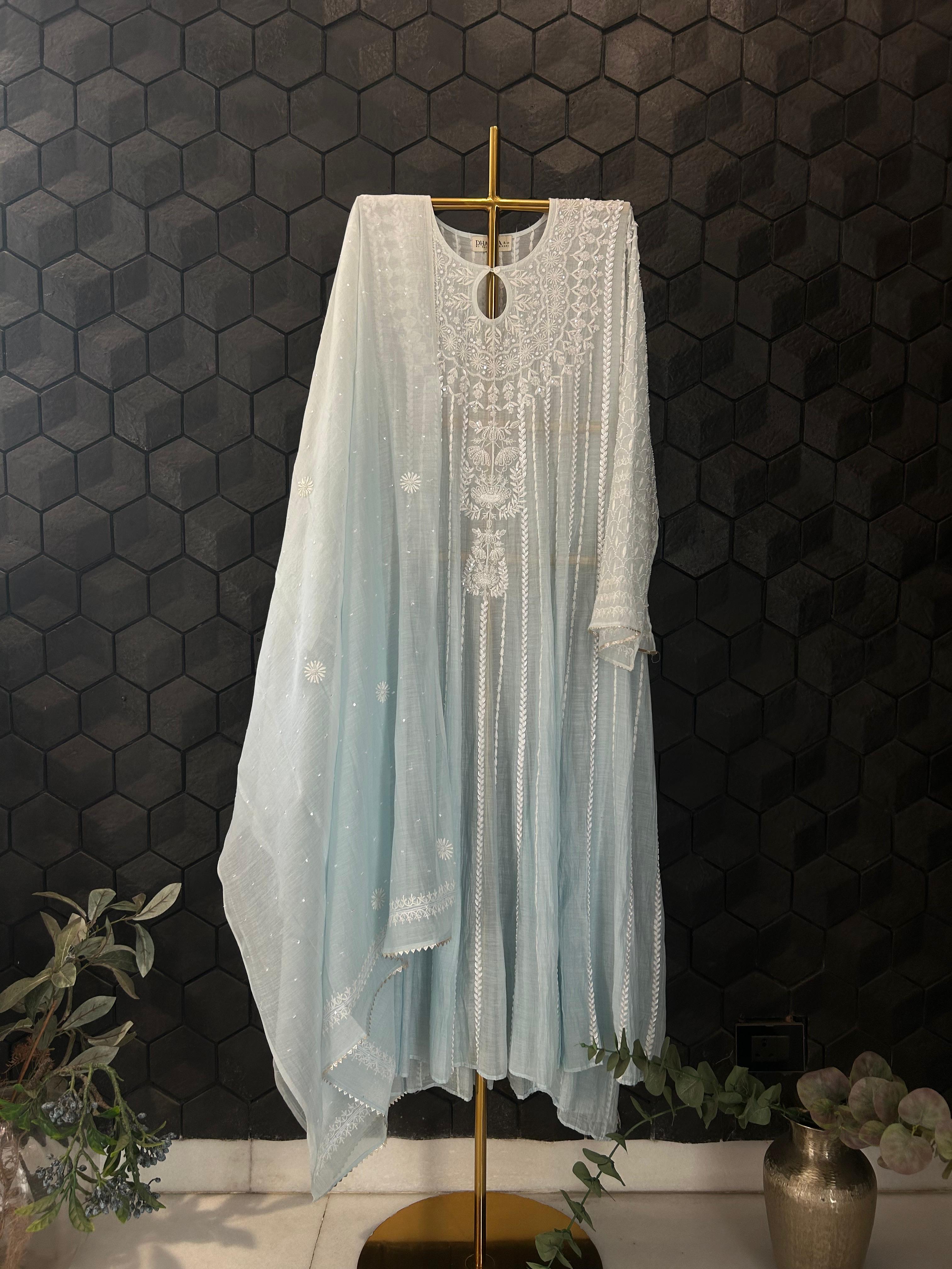Sky Blue Mul Chanderi Chikankari Anarkali Set