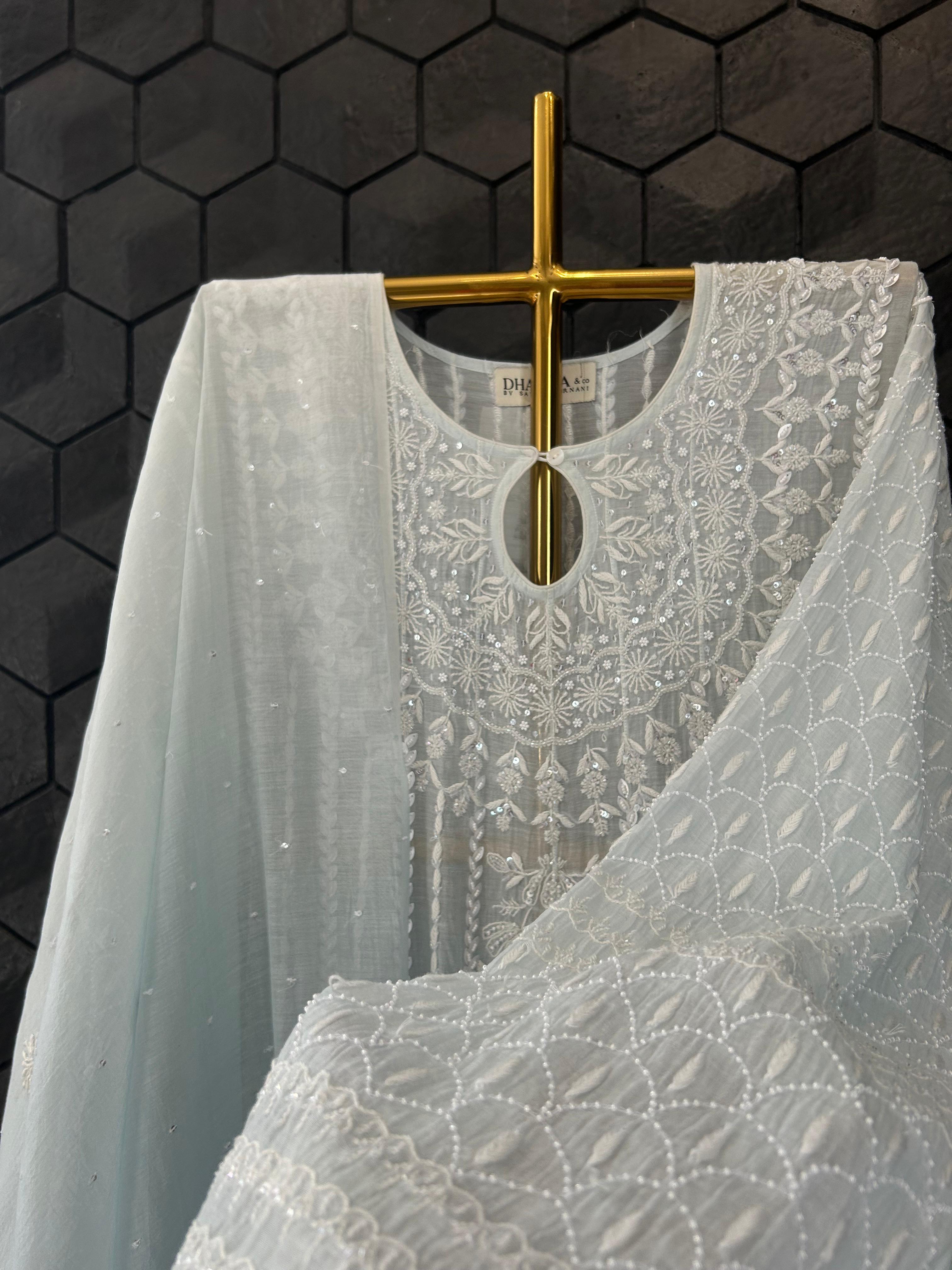 Sky Blue Mul Chanderi Chikankari Anarkali Set