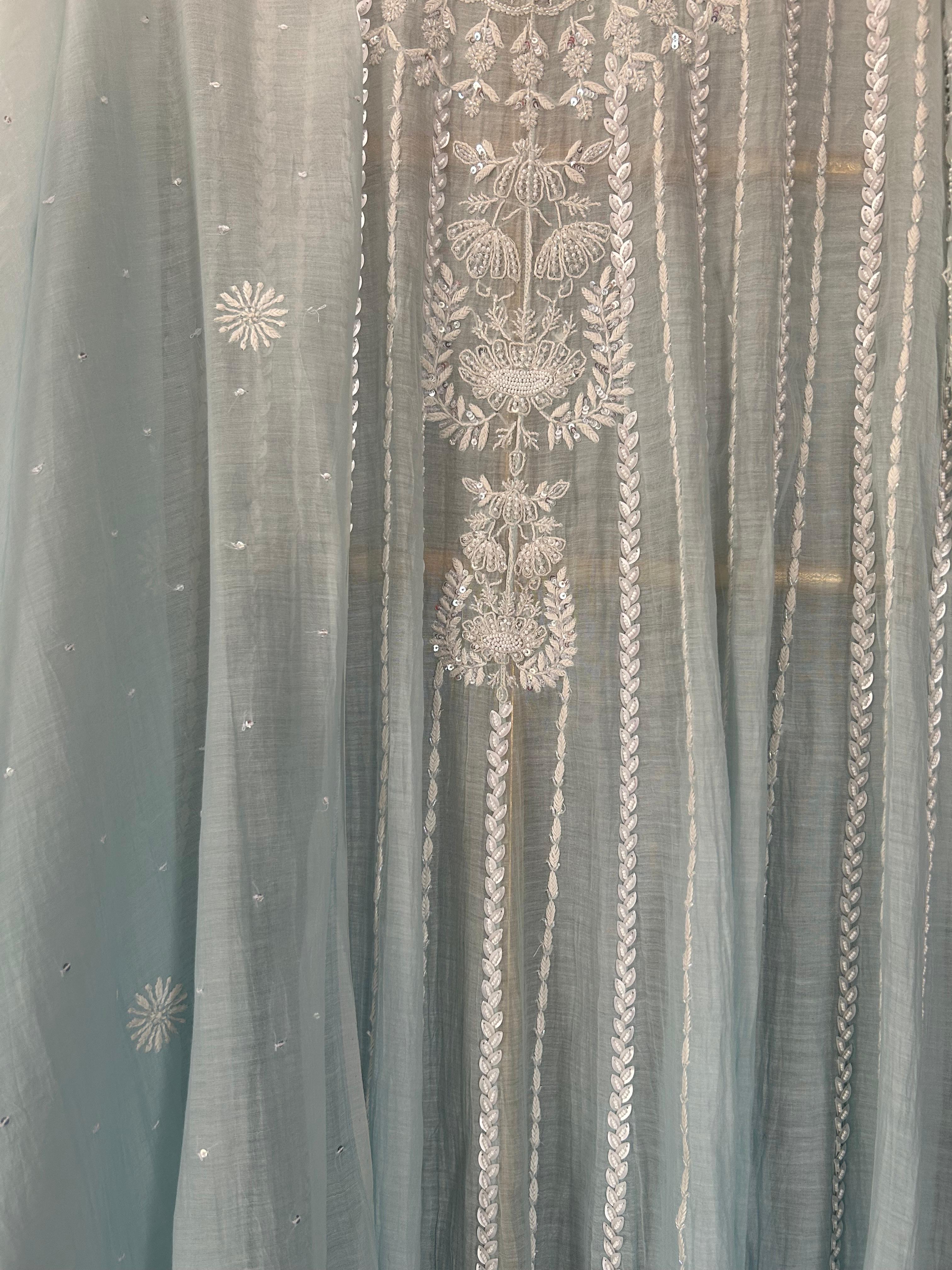 Sky Blue Mul Chanderi Chikankari Anarkali Set