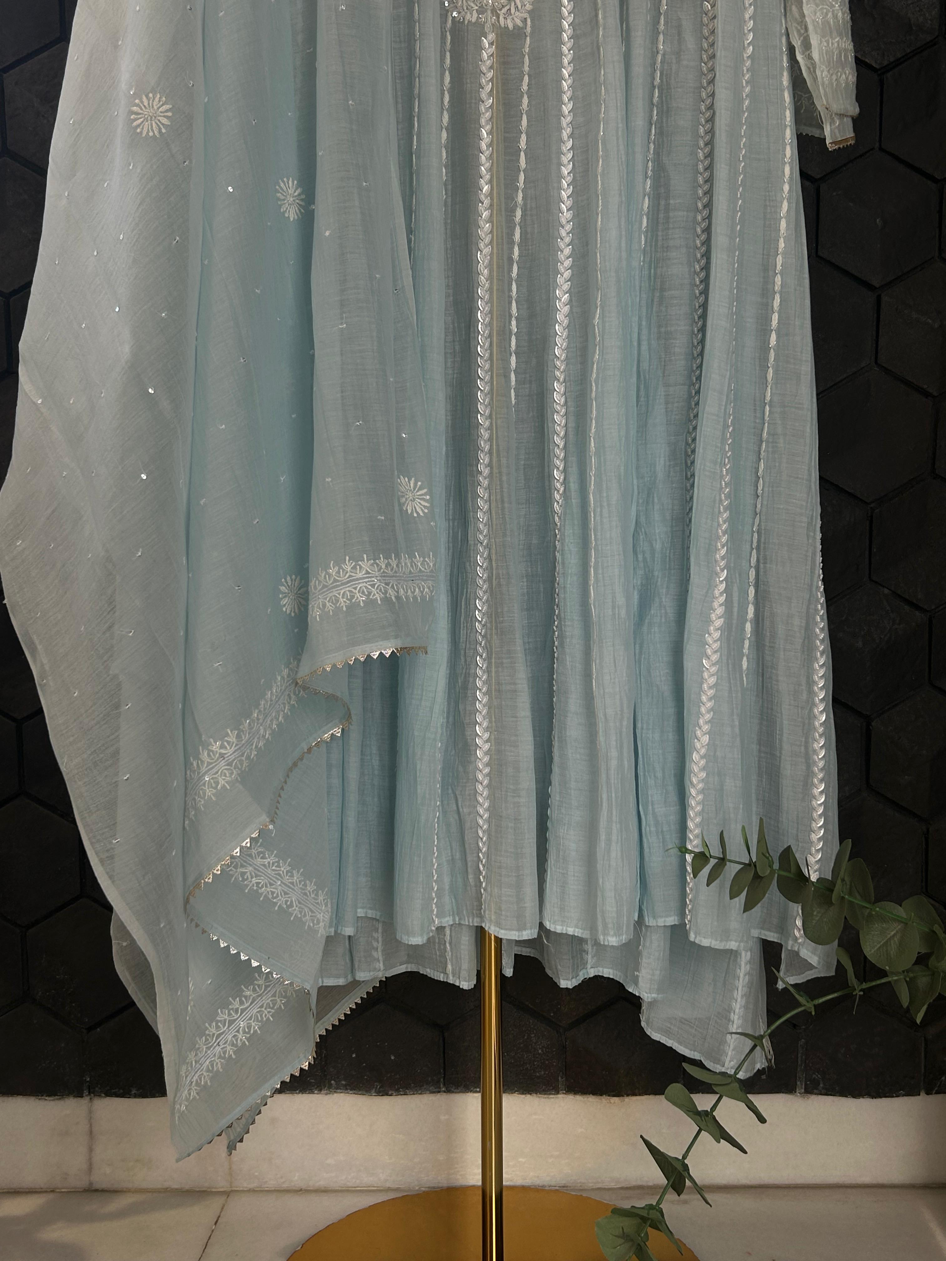 Sky Blue Mul Chanderi Chikankari Anarkali Set