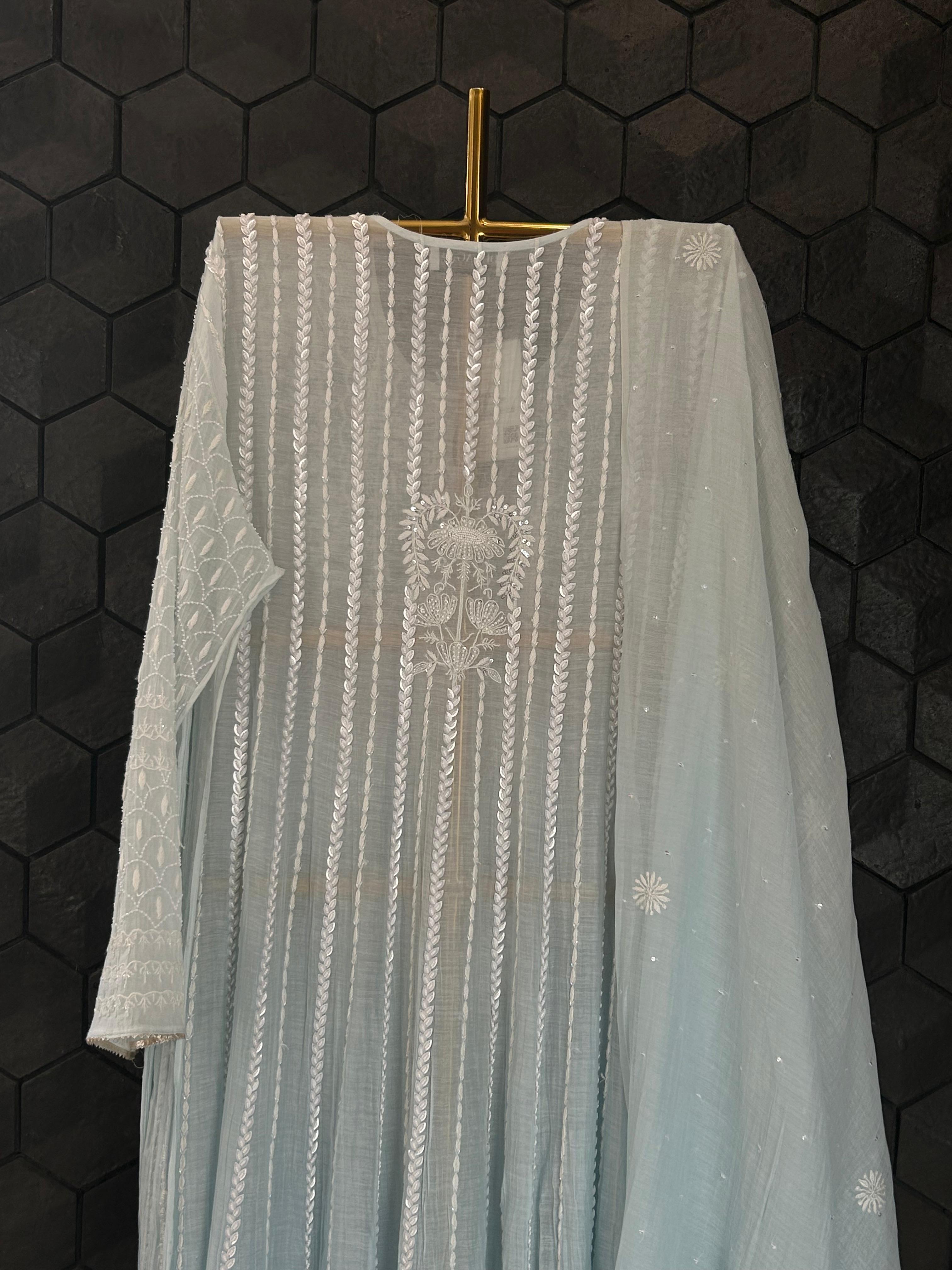 Sky Blue Mul Chanderi Chikankari Anarkali Set